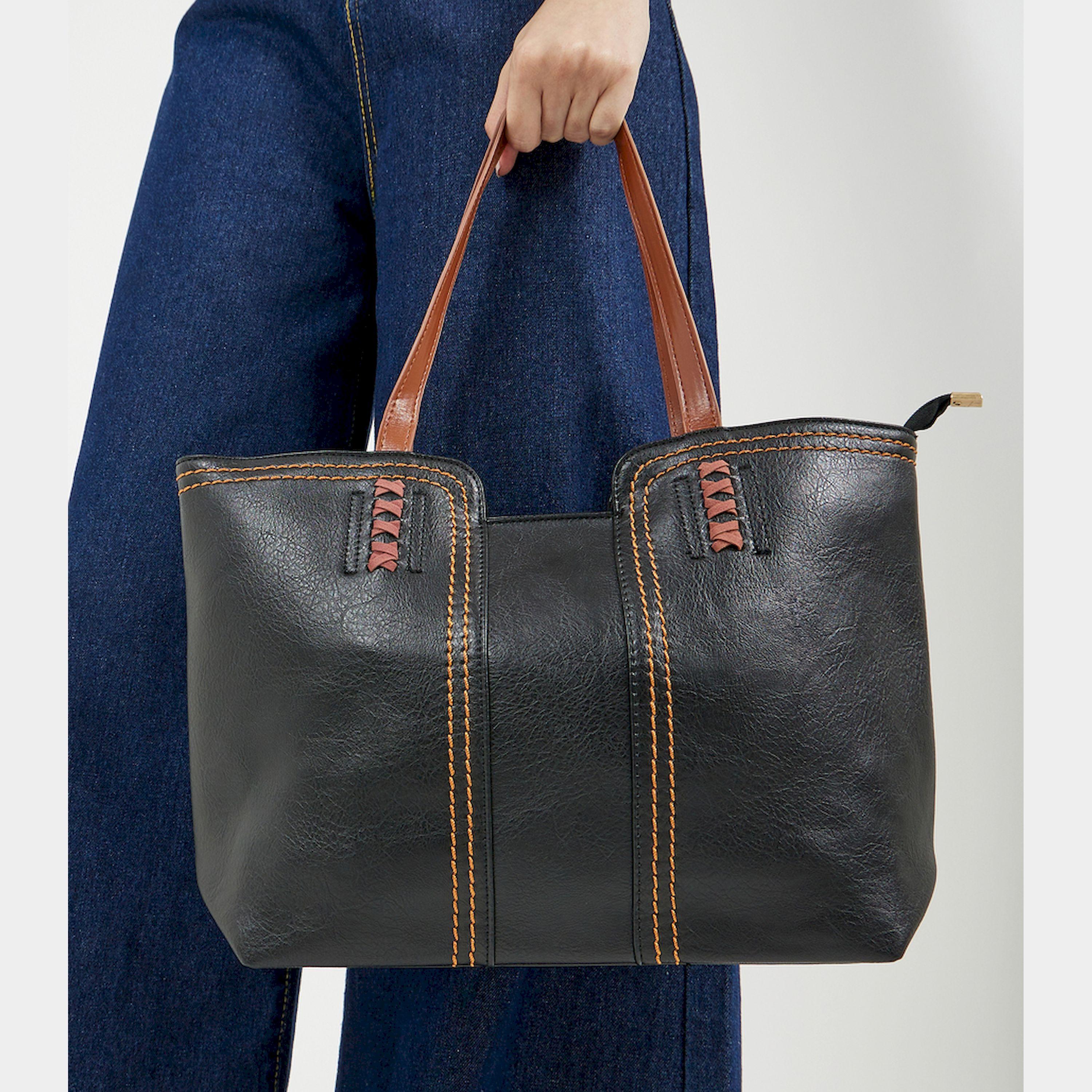 Styli Stitch Detail Shoulder Bag With Double Handle-women-bagsandwallets-handbags-image-3