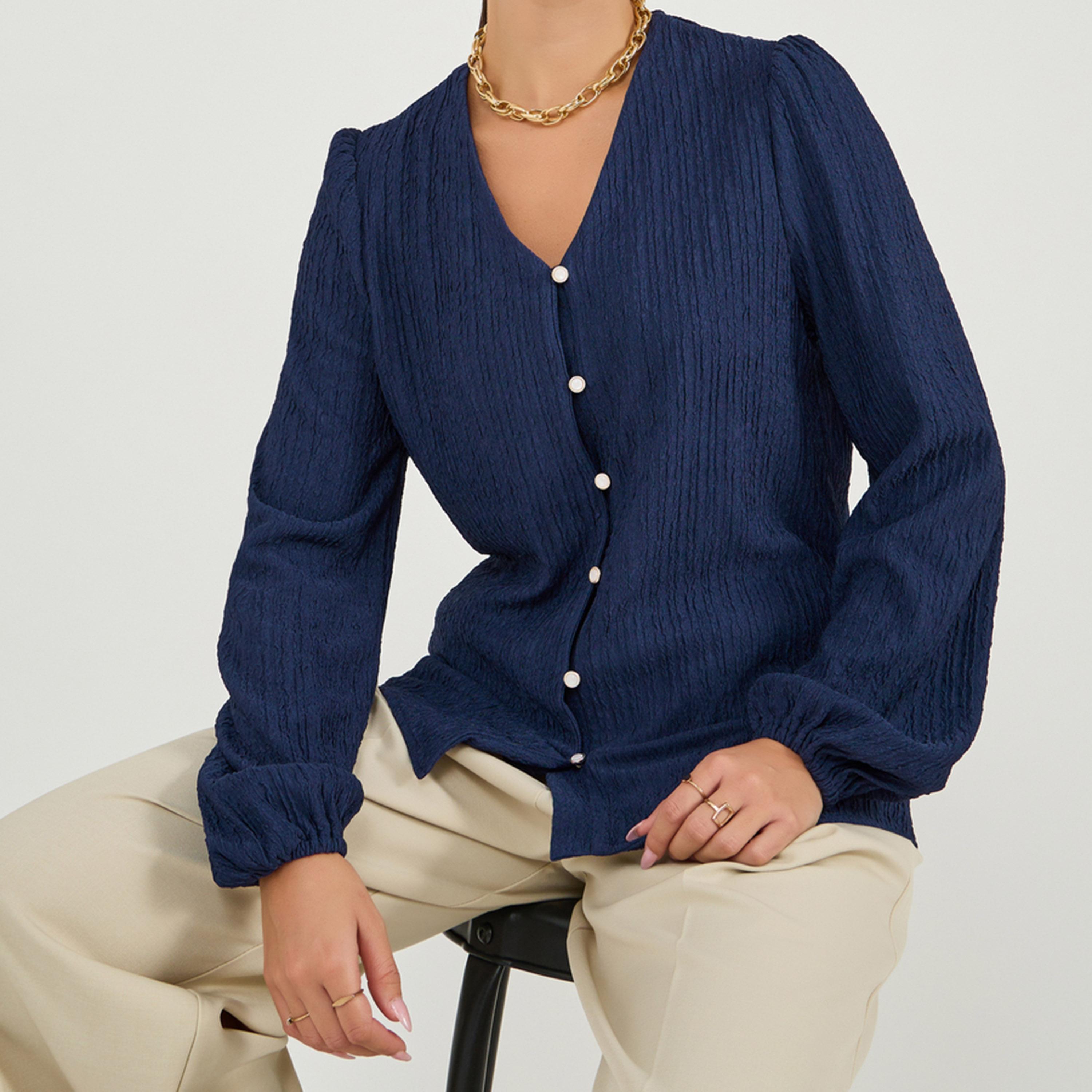 Styli Textured Balloon Sleeve V Neck Blouse-women-clothing-shirtsandblouses-blouses-image-1