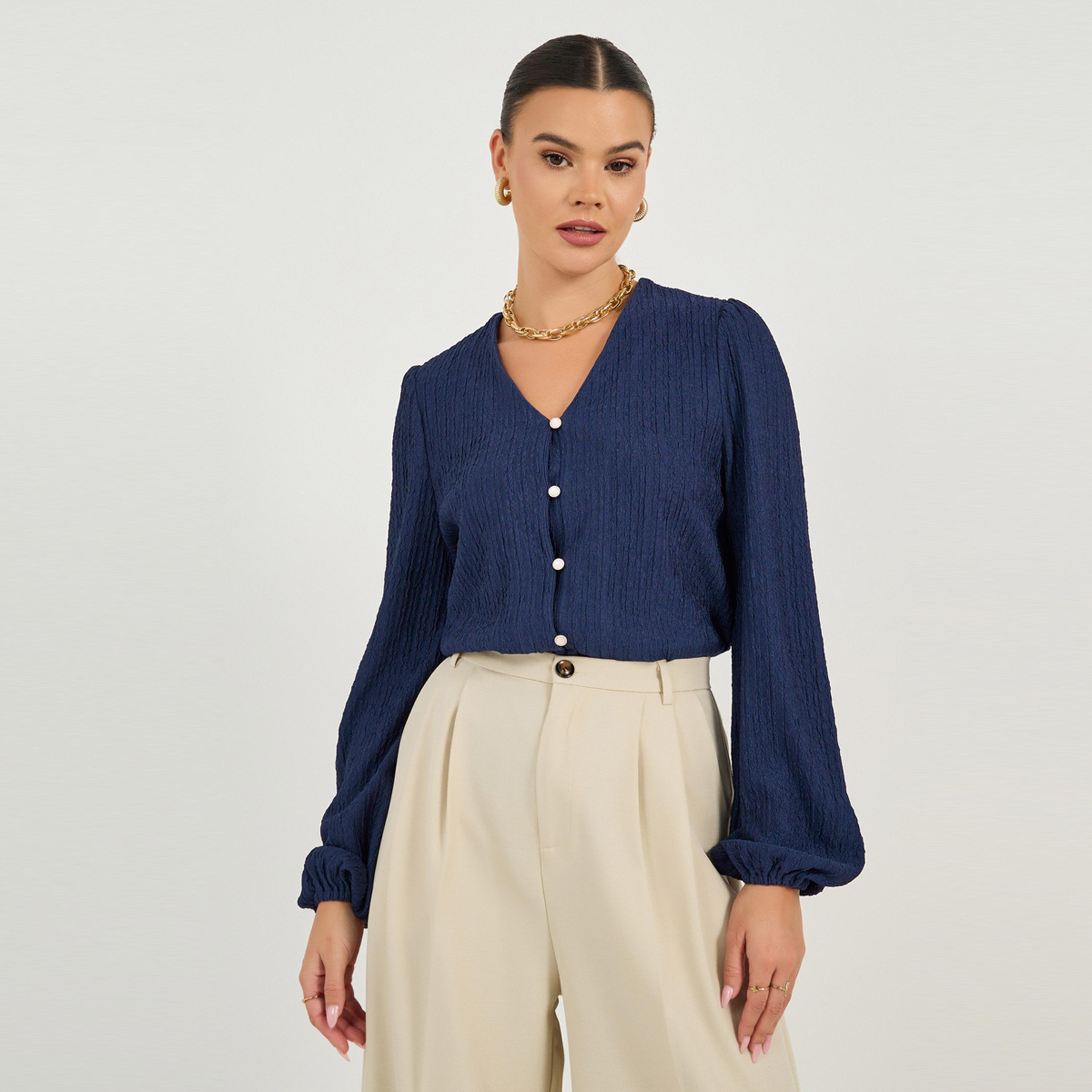 Styli Textured Balloon Sleeve V Neck Blouse-women-clothing-shirtsandblouses-blouses-image-2