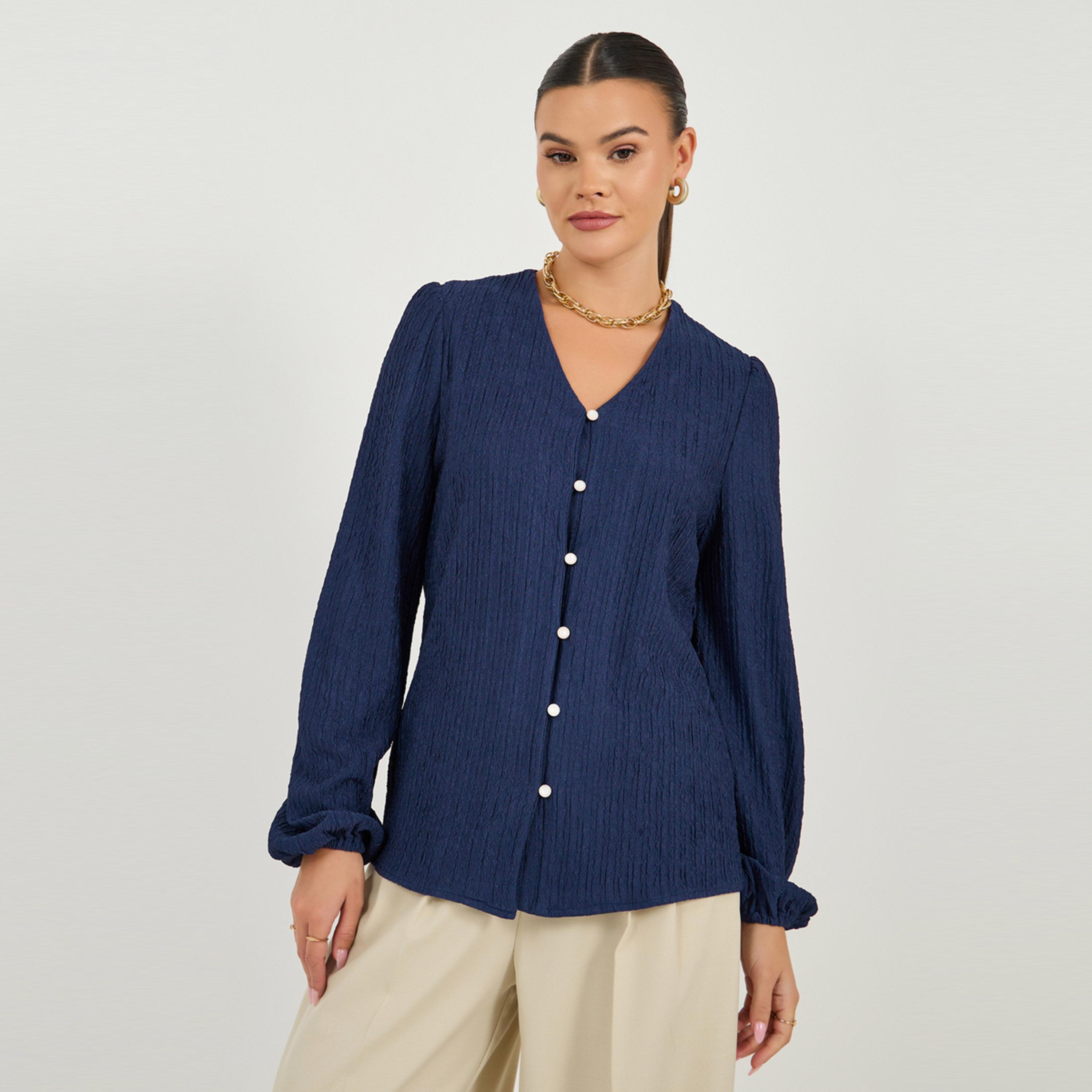 Styli Textured Balloon Sleeve V Neck Blouse-women-clothing-shirtsandblouses-blouses-image-4