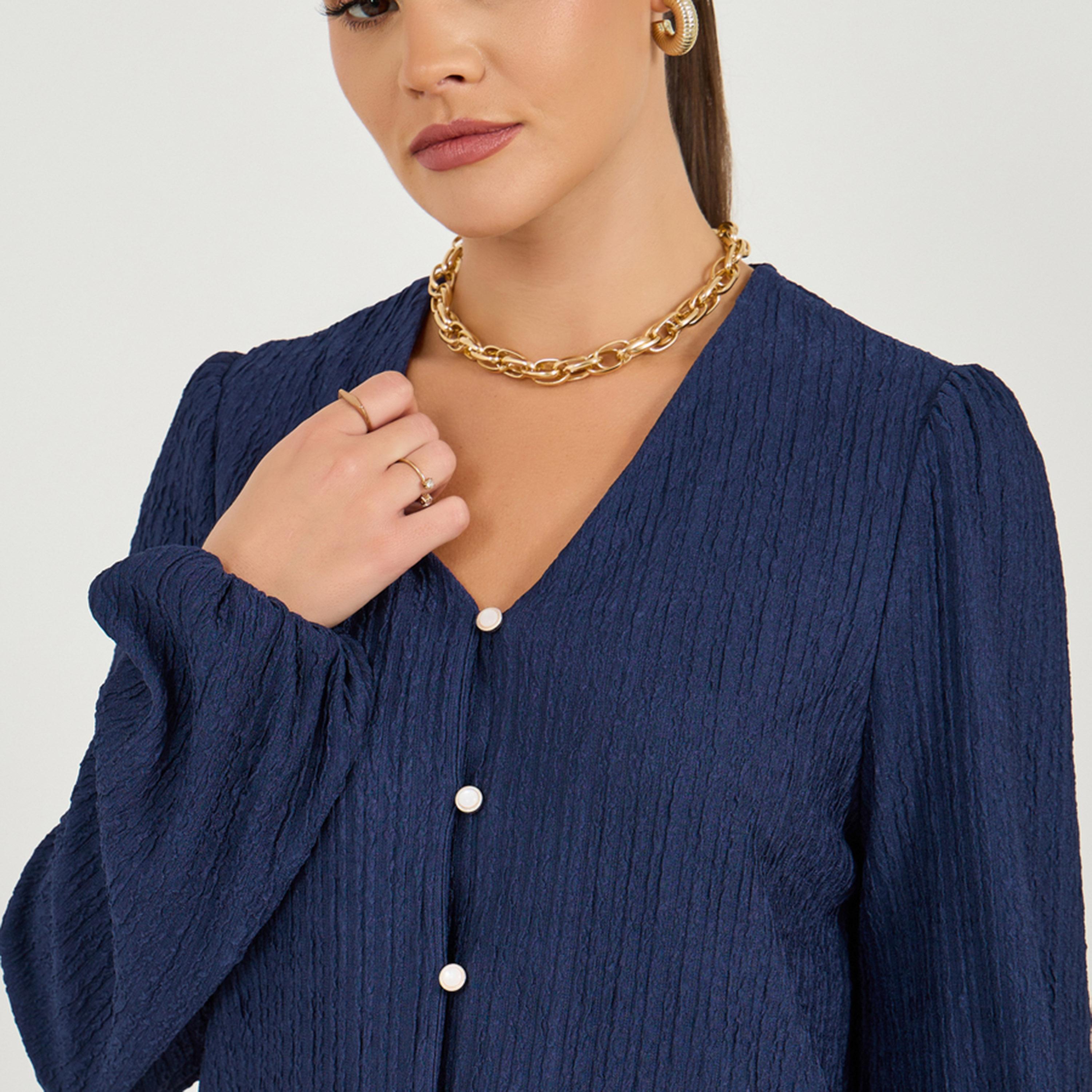 Styli Textured Balloon Sleeve V Neck Blouse-women-clothing-shirtsandblouses-blouses-image-5