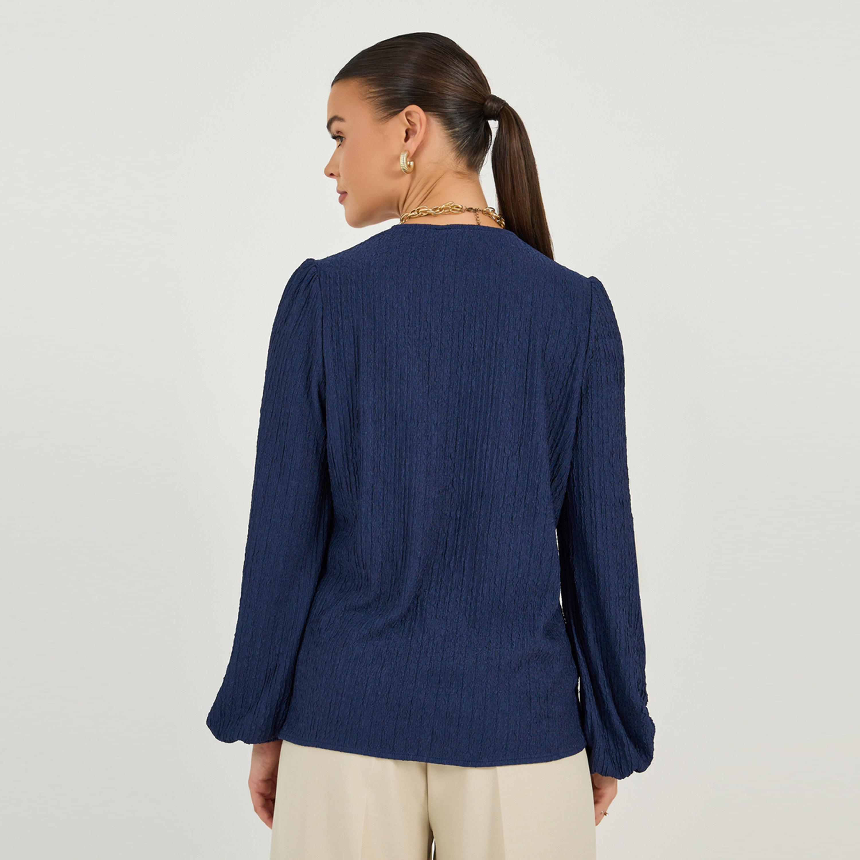 Styli Textured Balloon Sleeve V Neck Blouse-women-clothing-shirtsandblouses-blouses-image-7
