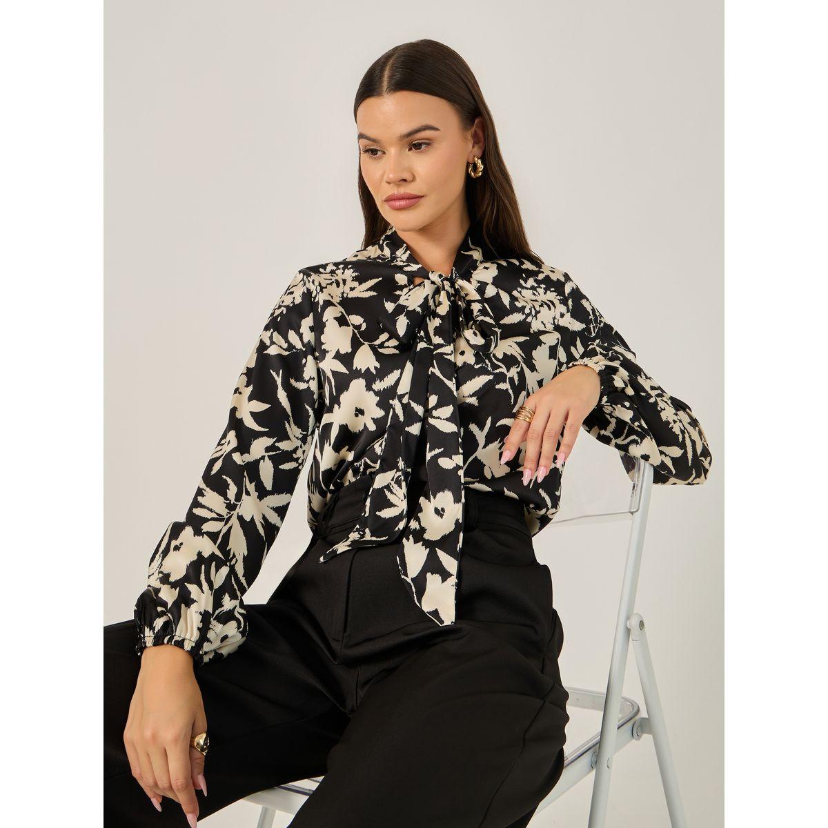 بلوزة مطبعة بالكامل بأكمام بالون وياقة بأربطة-women-clothing-shirtsandblouses-blouses-image-1