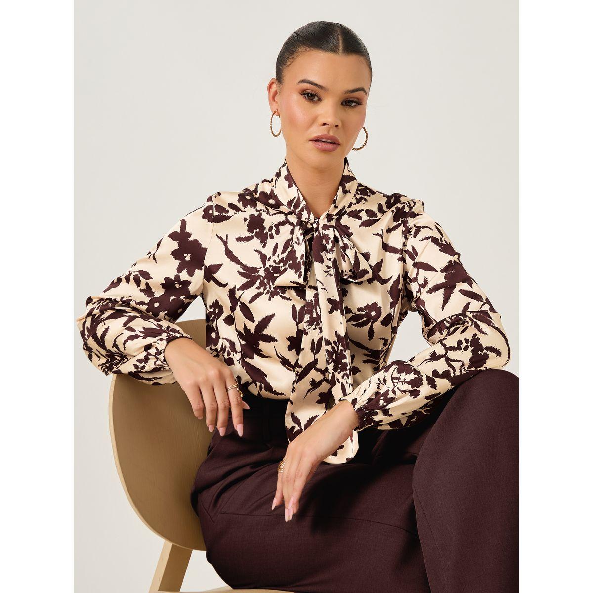 بلوزة بطبعة زهور وأكمام بالون مع تفاصيل ياقة بأربطة-women-clothing-shirtsandblouses-blouses-image-1