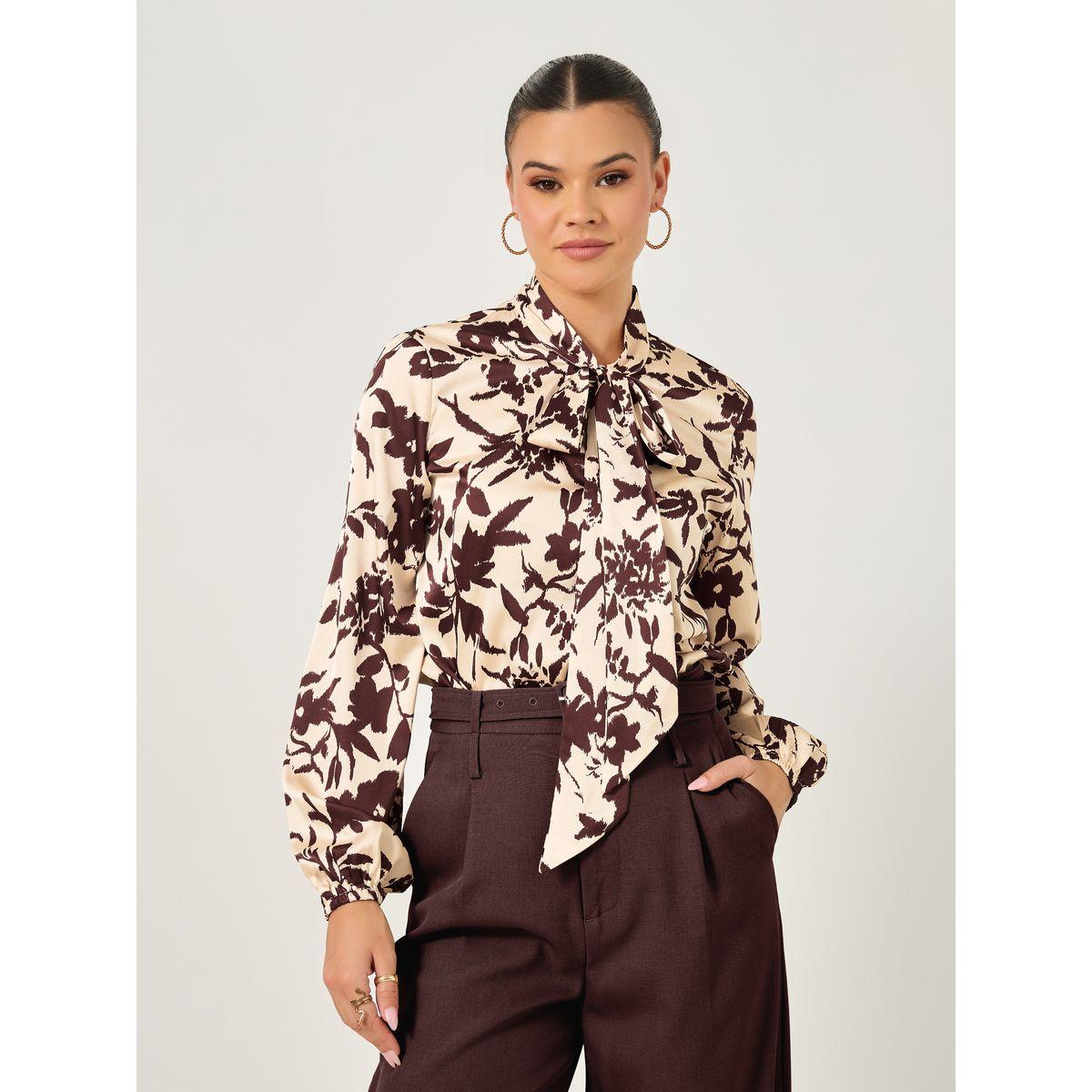 بلوزة بطبعة زهور وأكمام بالون مع تفاصيل ياقة بأربطة-women-clothing-shirtsandblouses-blouses-image-2