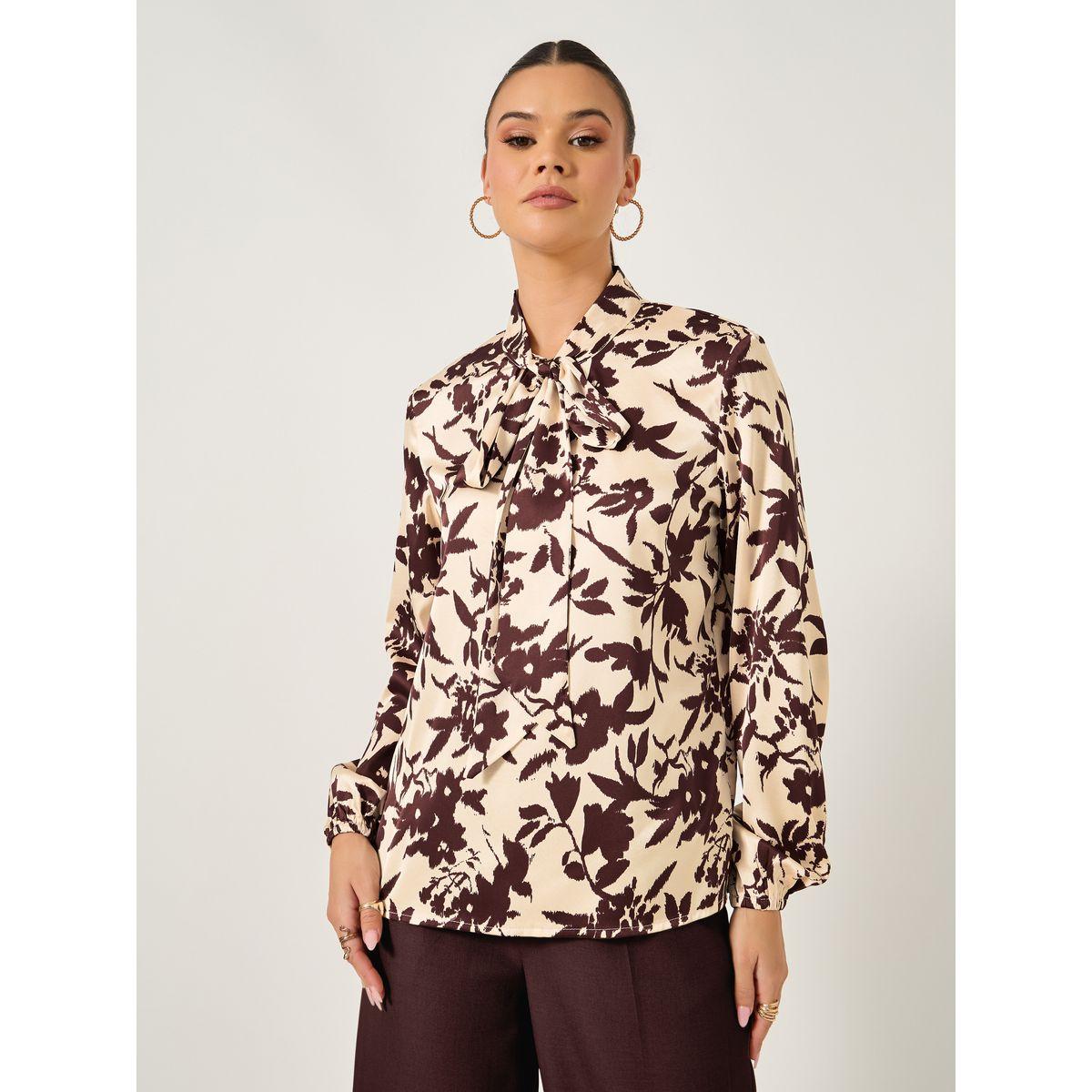 Floral Print Balloon Sleeve Blouse with Neck Tie Detail-women-clothing-shirtsandblouses-blouses-image-3