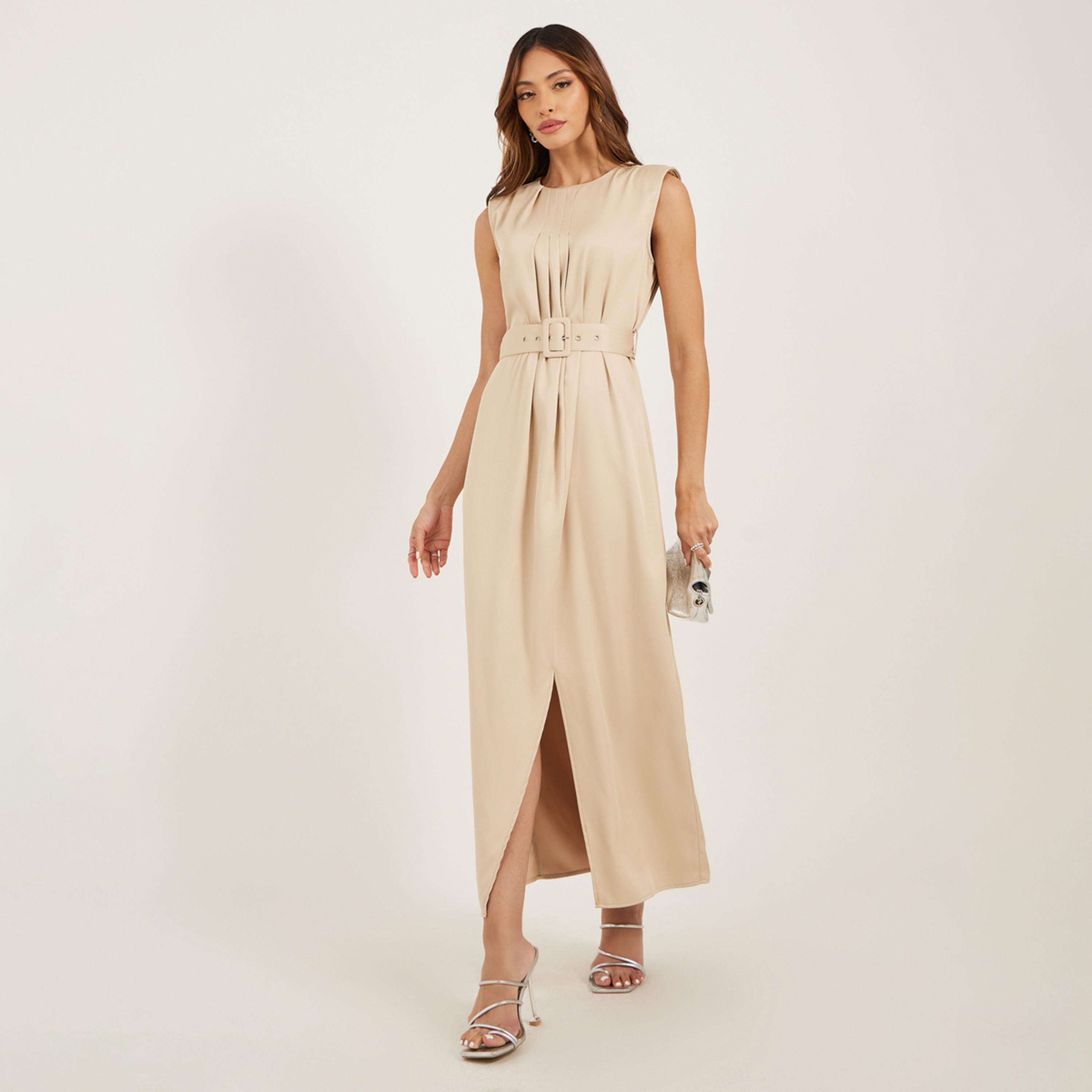 Styli Pleated Front Sleeveless Shift Maxi Dress with Belt-women-clothing-dresses-image-1