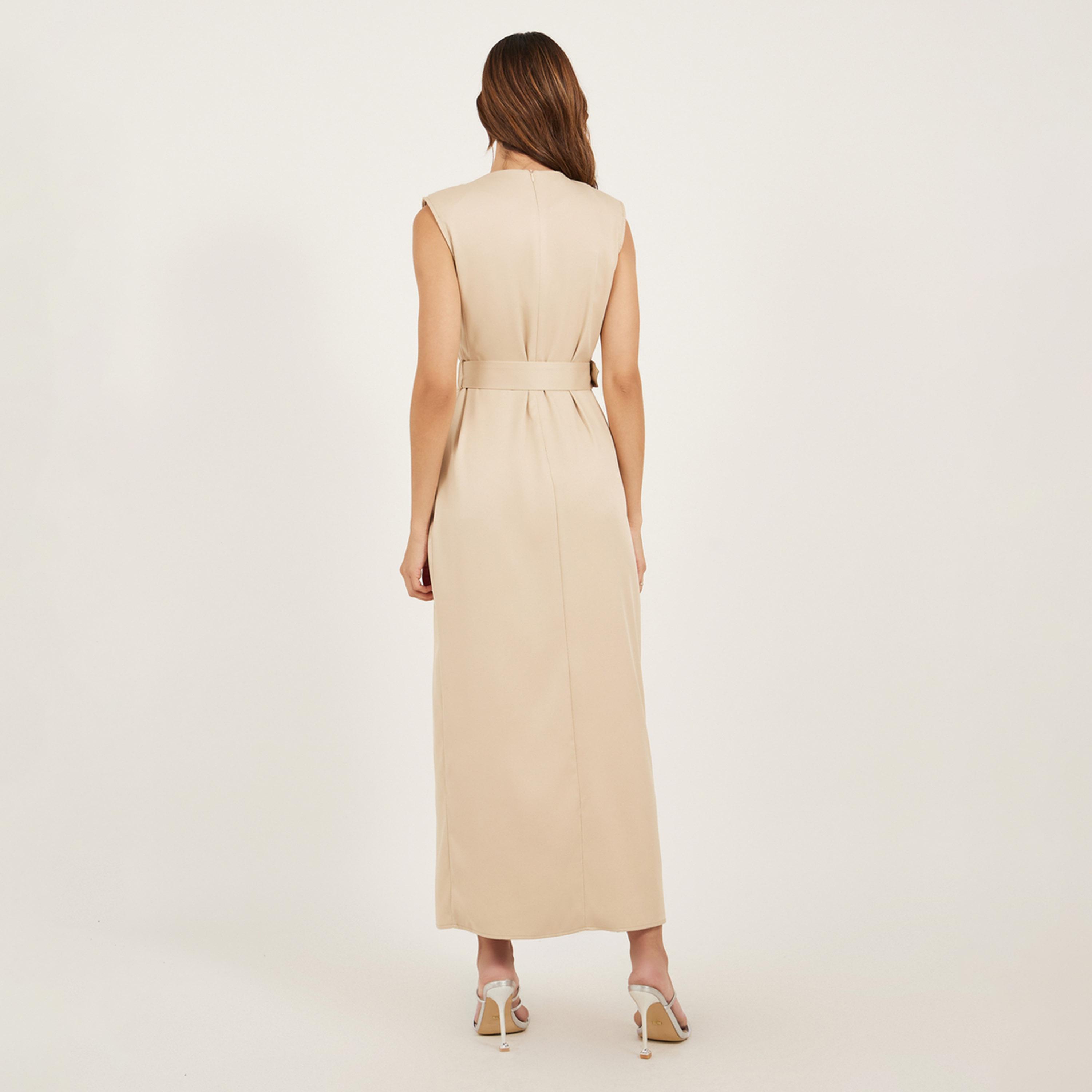 ستايلي - فستان ماكسي قصير بدون أكمام بحزام وكسرات-women-clothing-dresses-image-5