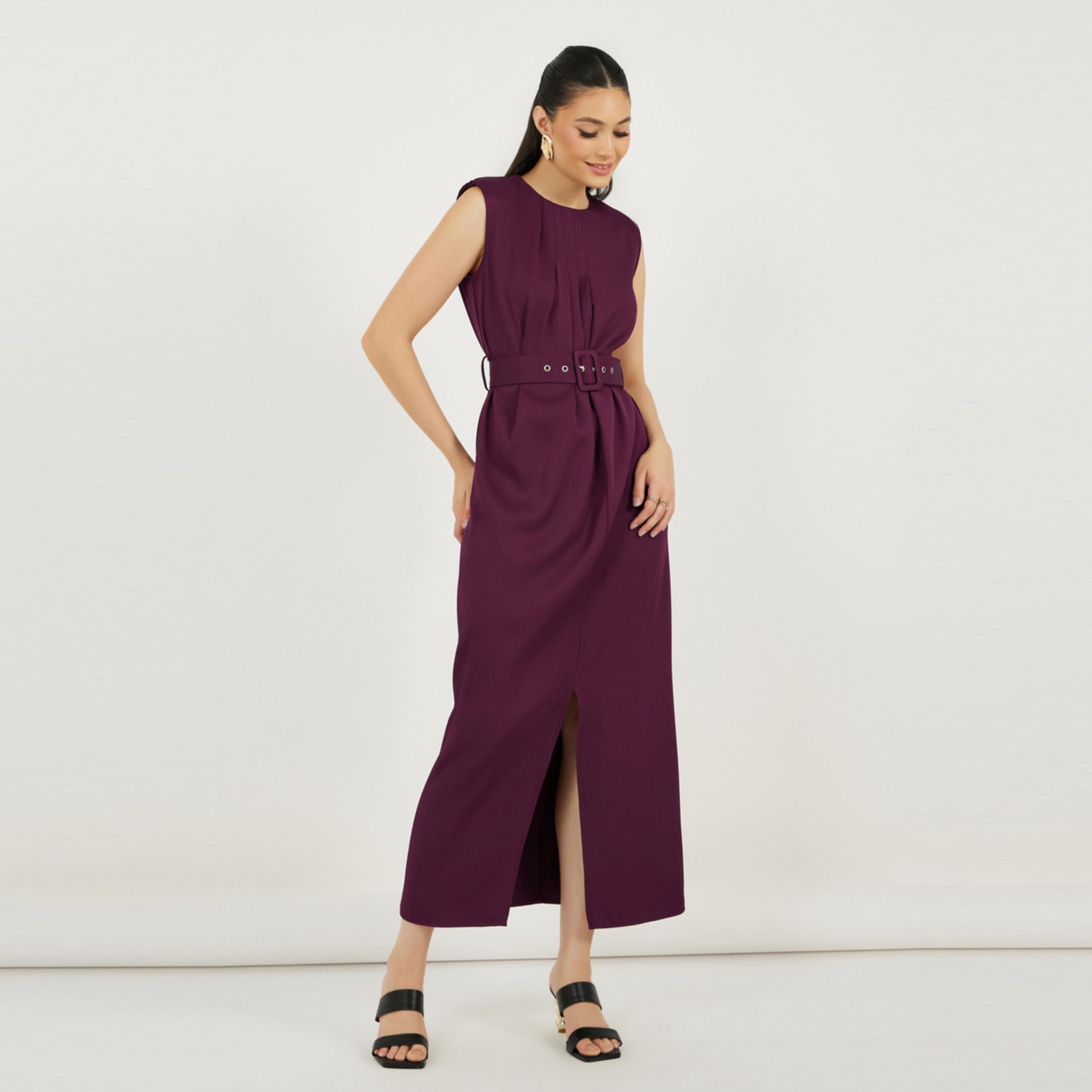 ستايلي - فستان ماكسي بكسرات أمامية وأكمام قصيرة مع حزام-women-clothing-dresses-image-1
