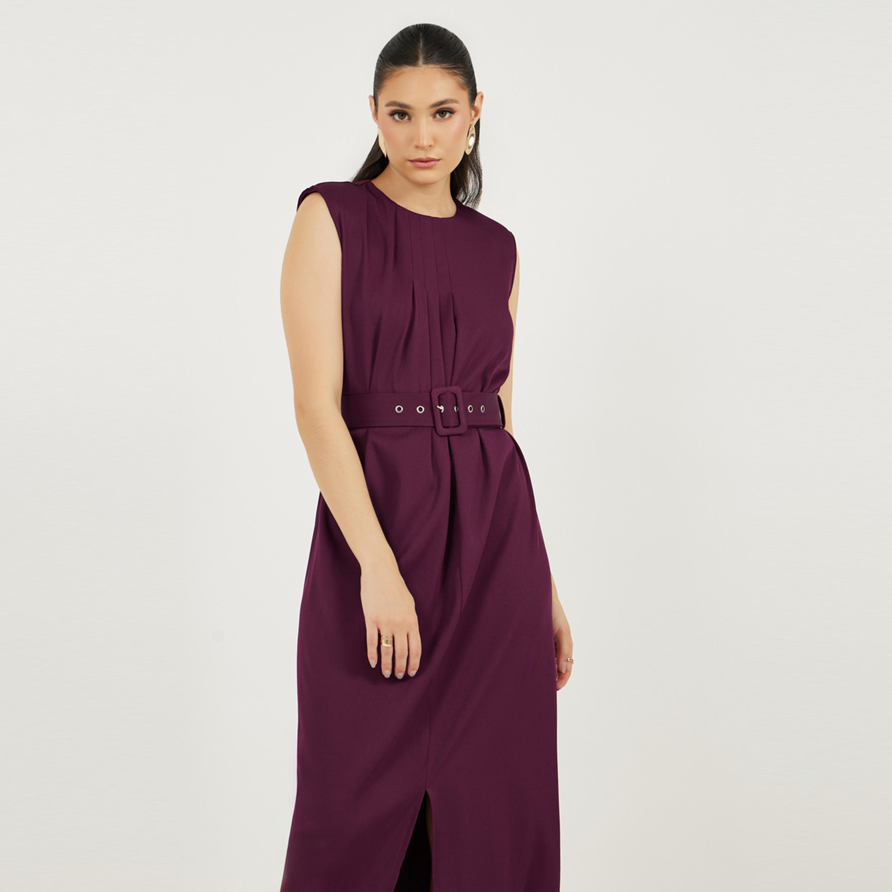 Styli Pleated Front Sleeveless Shift Maxi Dress with Belt-women-clothing-dresses-image-2