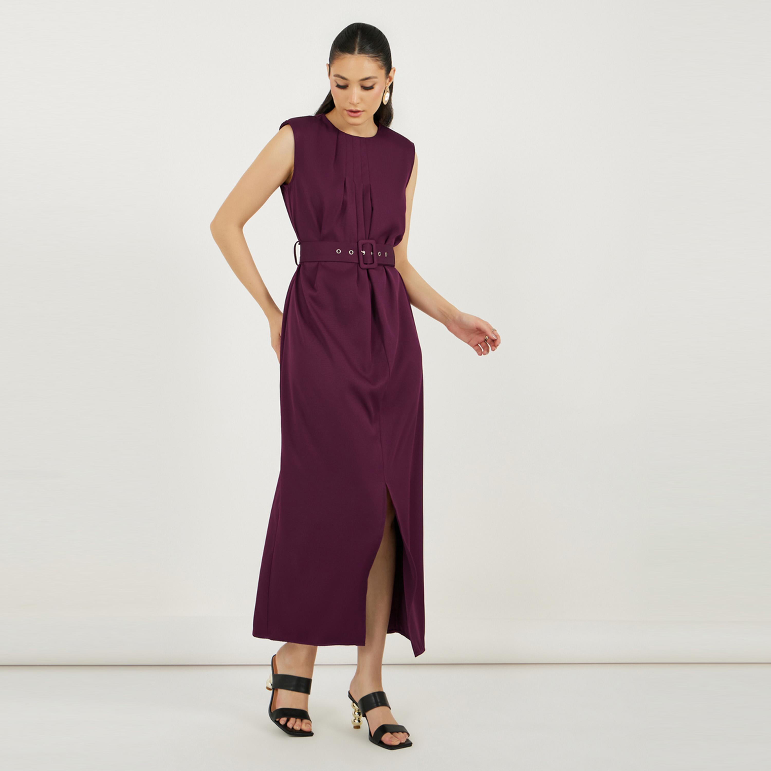 Styli Pleated Front Sleeveless Shift Maxi Dress with Belt-women-clothing-dresses-image-4