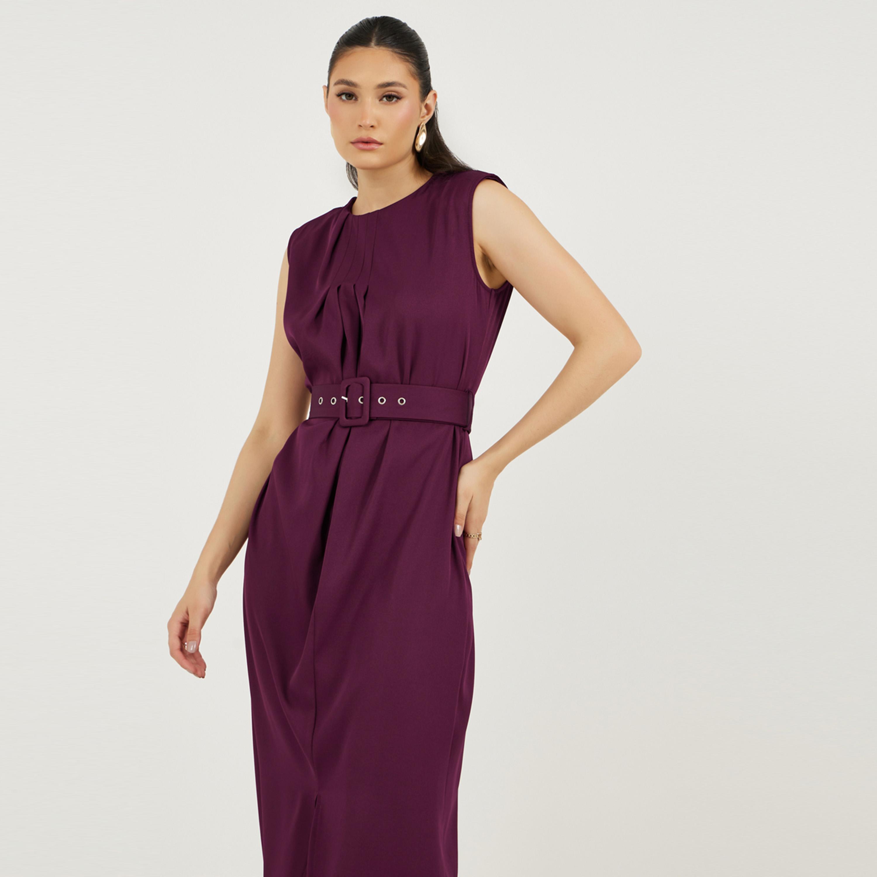 ستايلي - فستان ماكسي بكسرات أمامية وأكمام قصيرة مع حزام-women-clothing-dresses-image-5