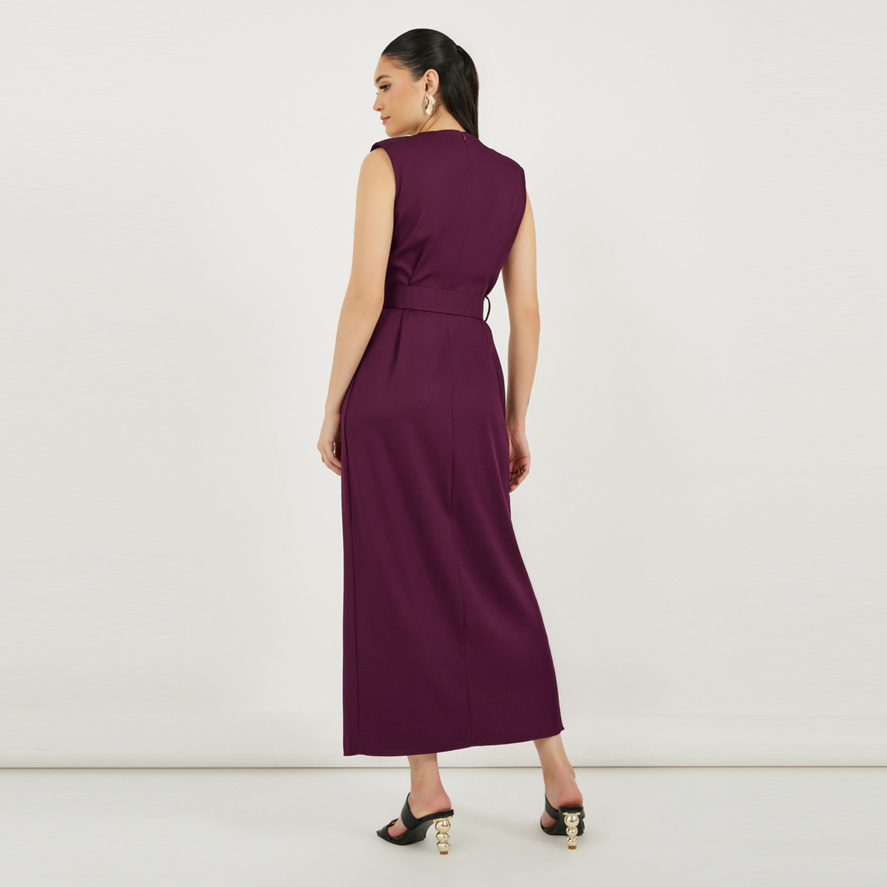 Styli Pleated Front Sleeveless Shift Maxi Dress with Belt-women-clothing-dresses-image-6
