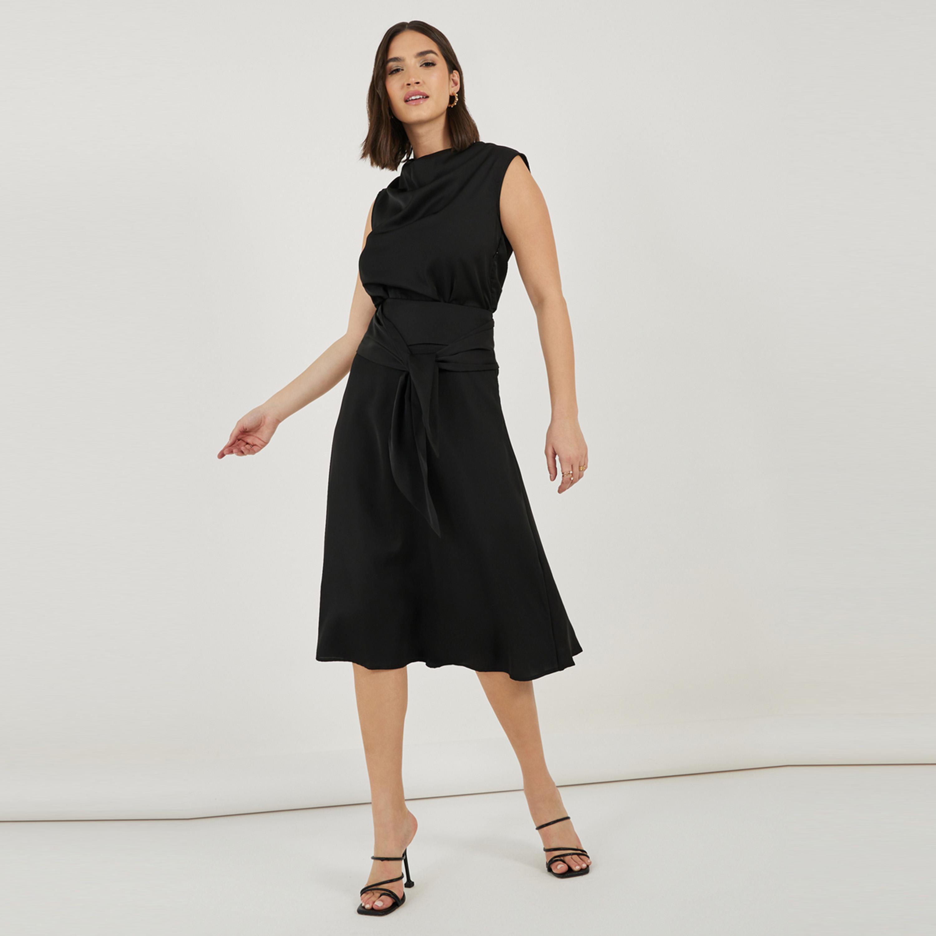 Styli Solid Sleeveless A-Line Midi Dress with Tie Belt-women-clothing-dresses-image-1