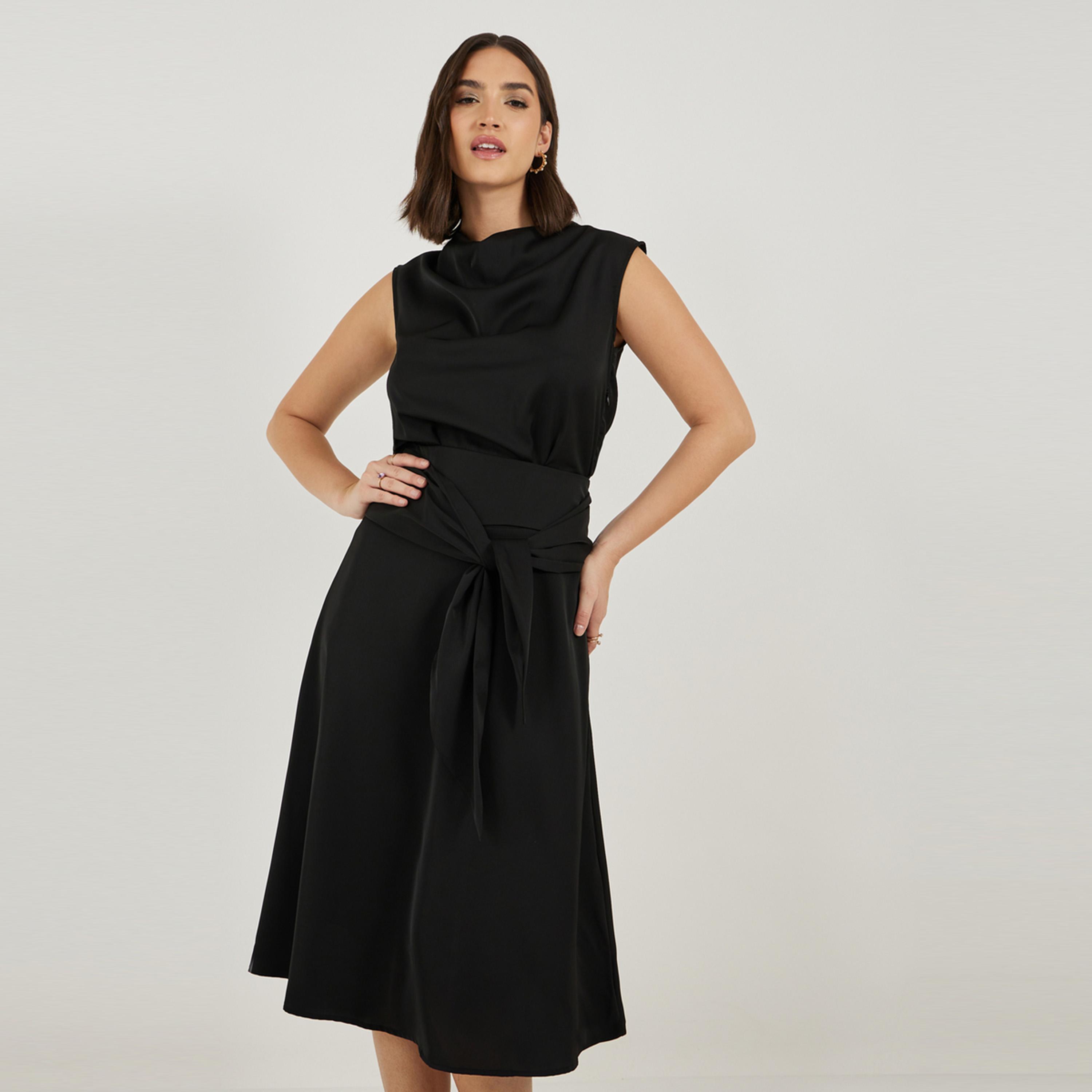 Styli Solid Sleeveless A-Line Midi Dress with Tie Belt-women-clothing-dresses-image-2