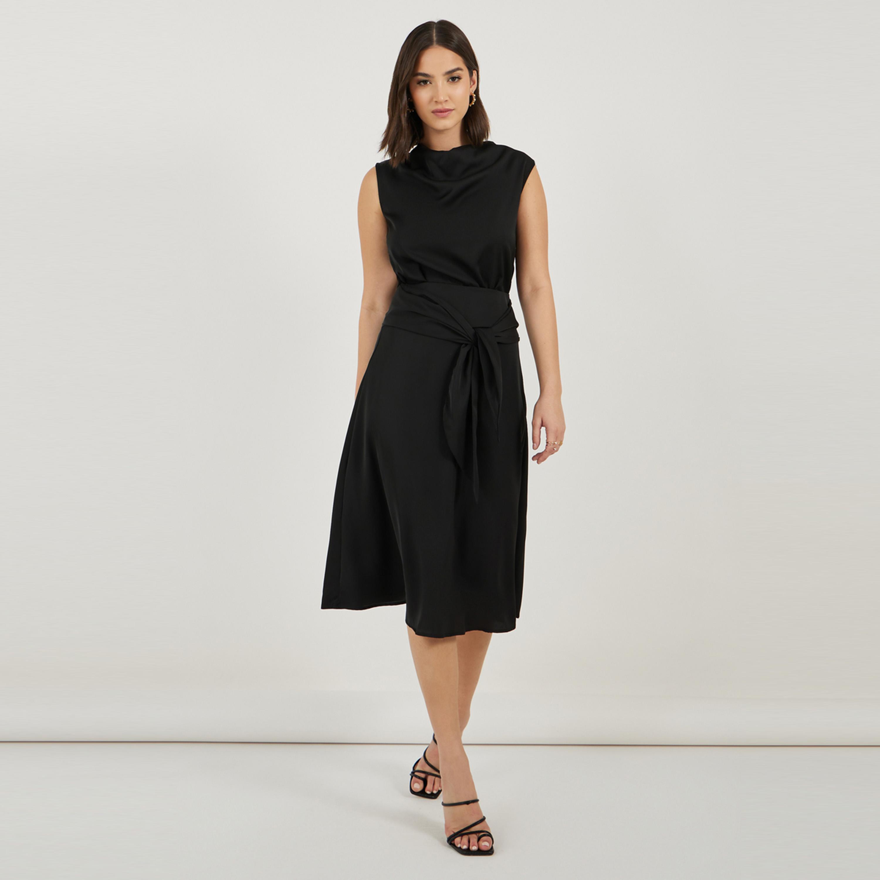 Styli Solid Sleeveless A-Line Midi Dress with Tie Belt-women-clothing-dresses-image-3