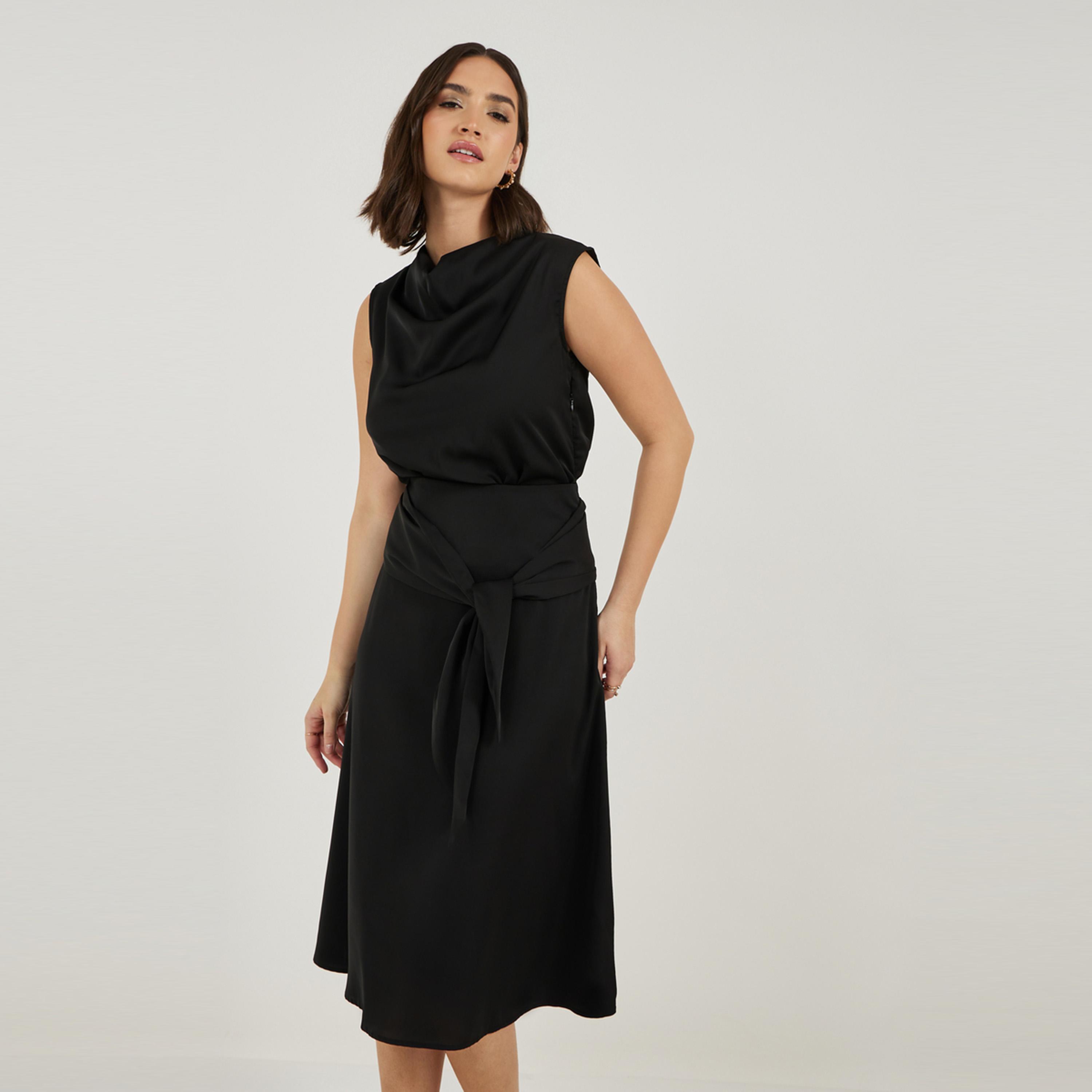 Styli Solid Sleeveless A-Line Midi Dress with Tie Belt-women-clothing-dresses-image-4