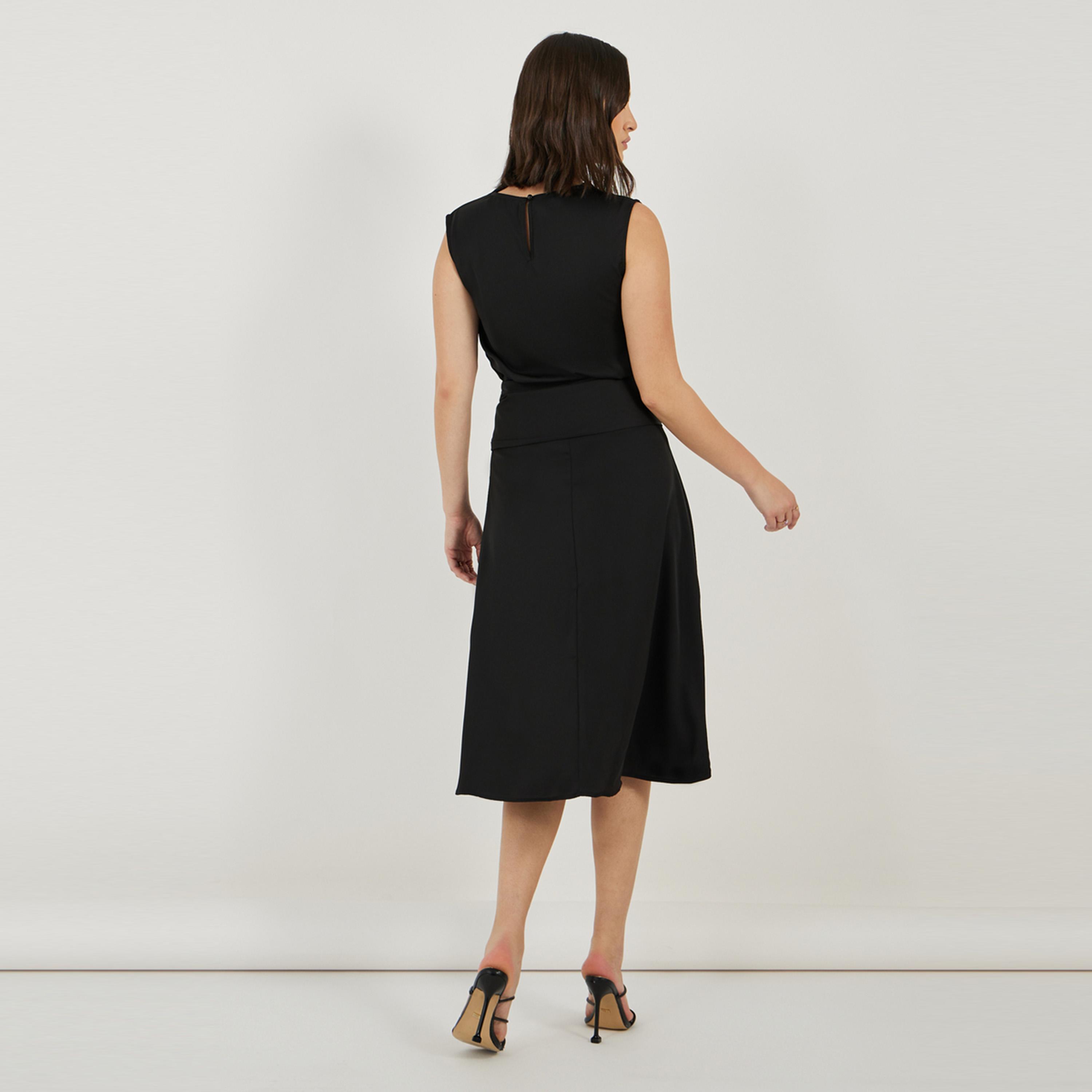 Styli Solid Sleeveless A-Line Midi Dress with Tie Belt-women-clothing-dresses-image-6