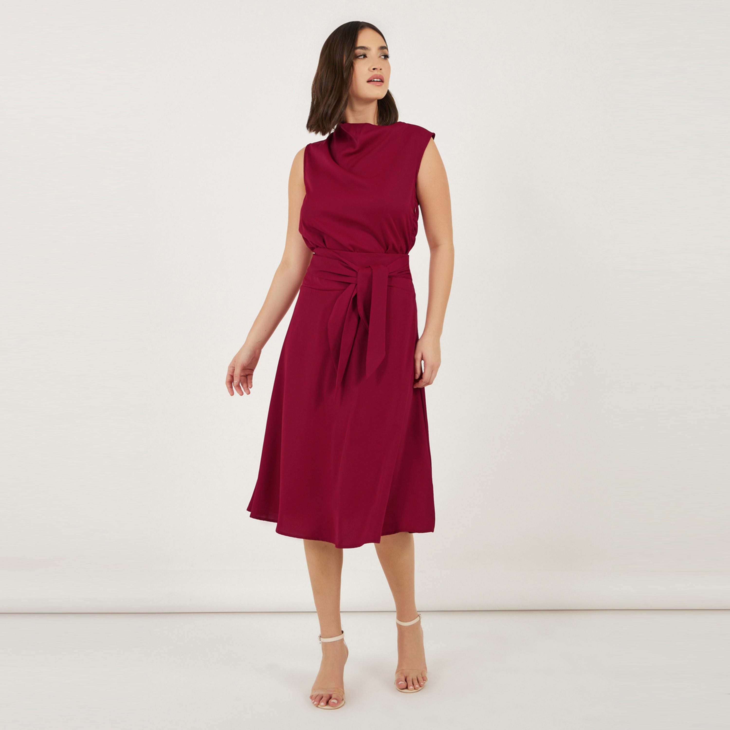 Styli Solid Sleeveless A-Line Midi Dress with Tie Belt-women-clothing-dresses-image-1