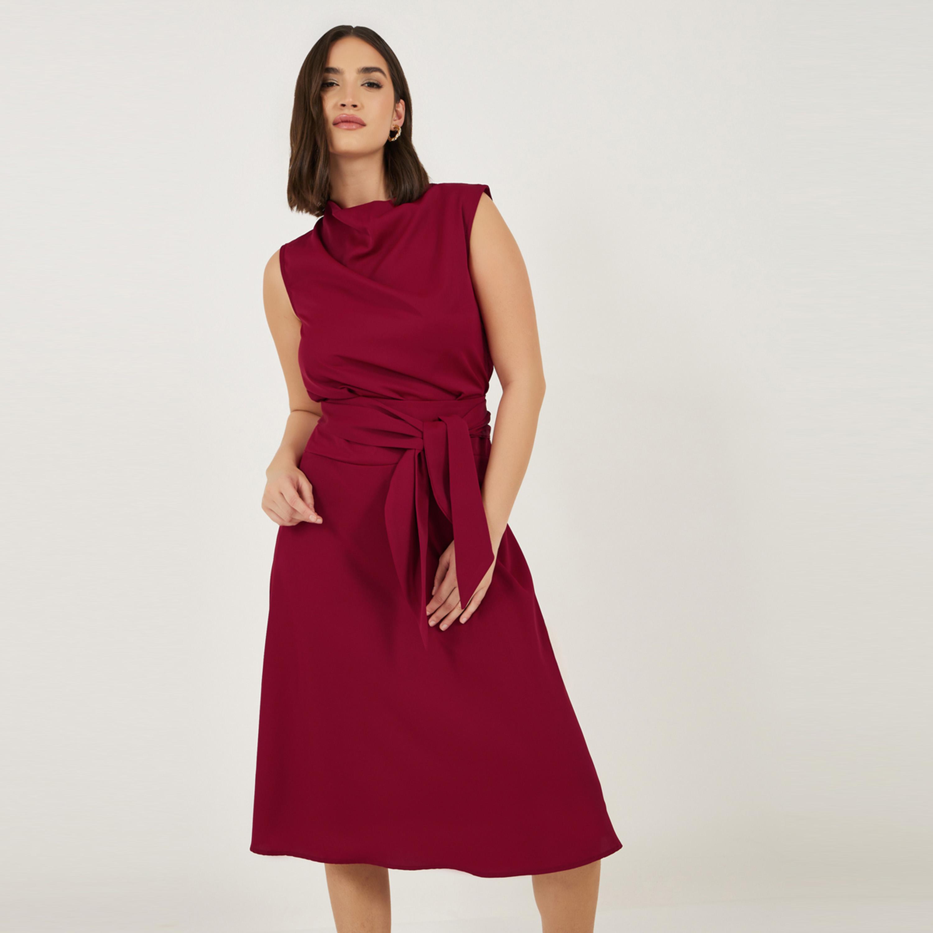 Styli Solid Sleeveless A-Line Midi Dress with Tie Belt-women-clothing-dresses-image-2