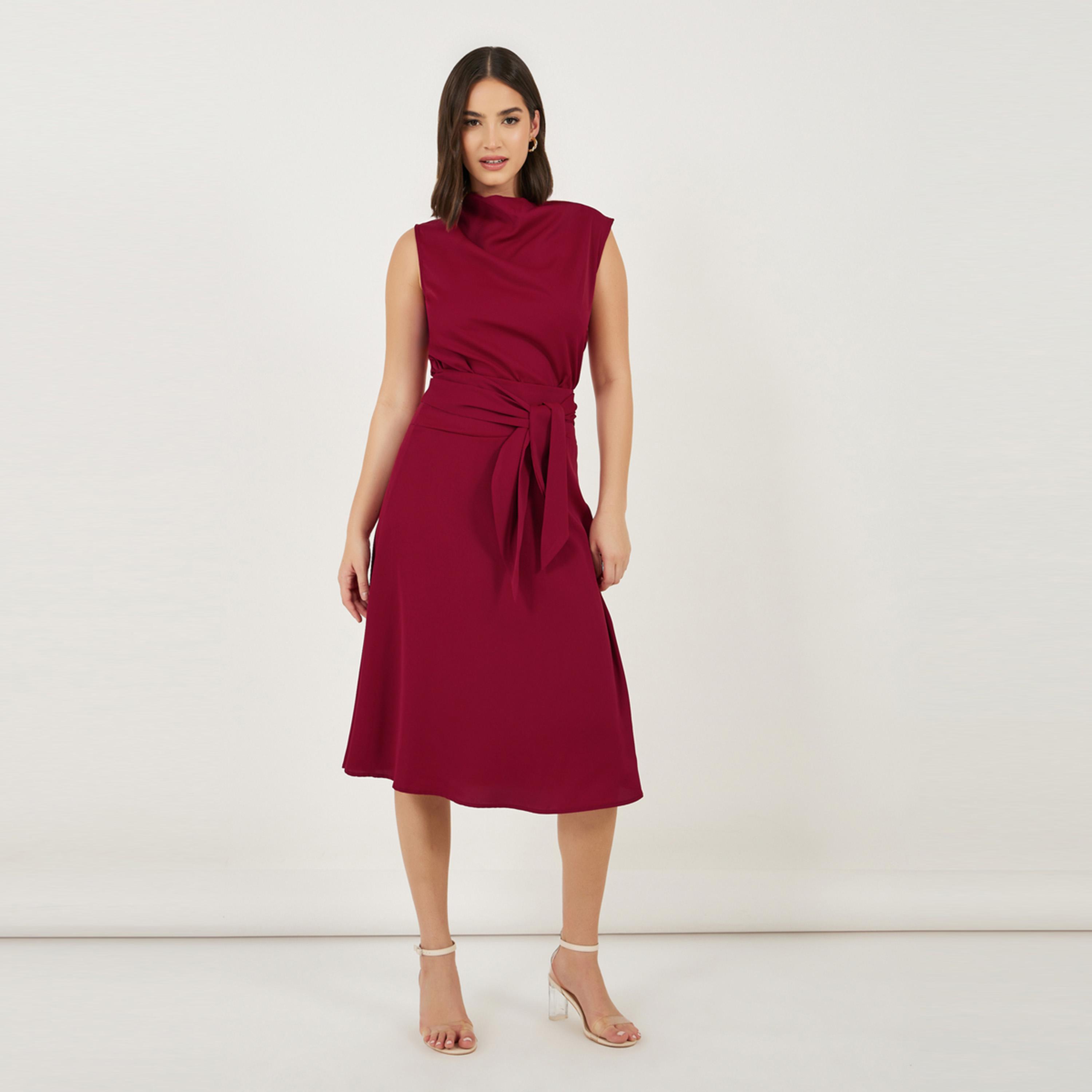 ستايلي - فستان ميدي سادة بدون أكمام بقصة A مع حزام ربط-women-clothing-dresses-image-4