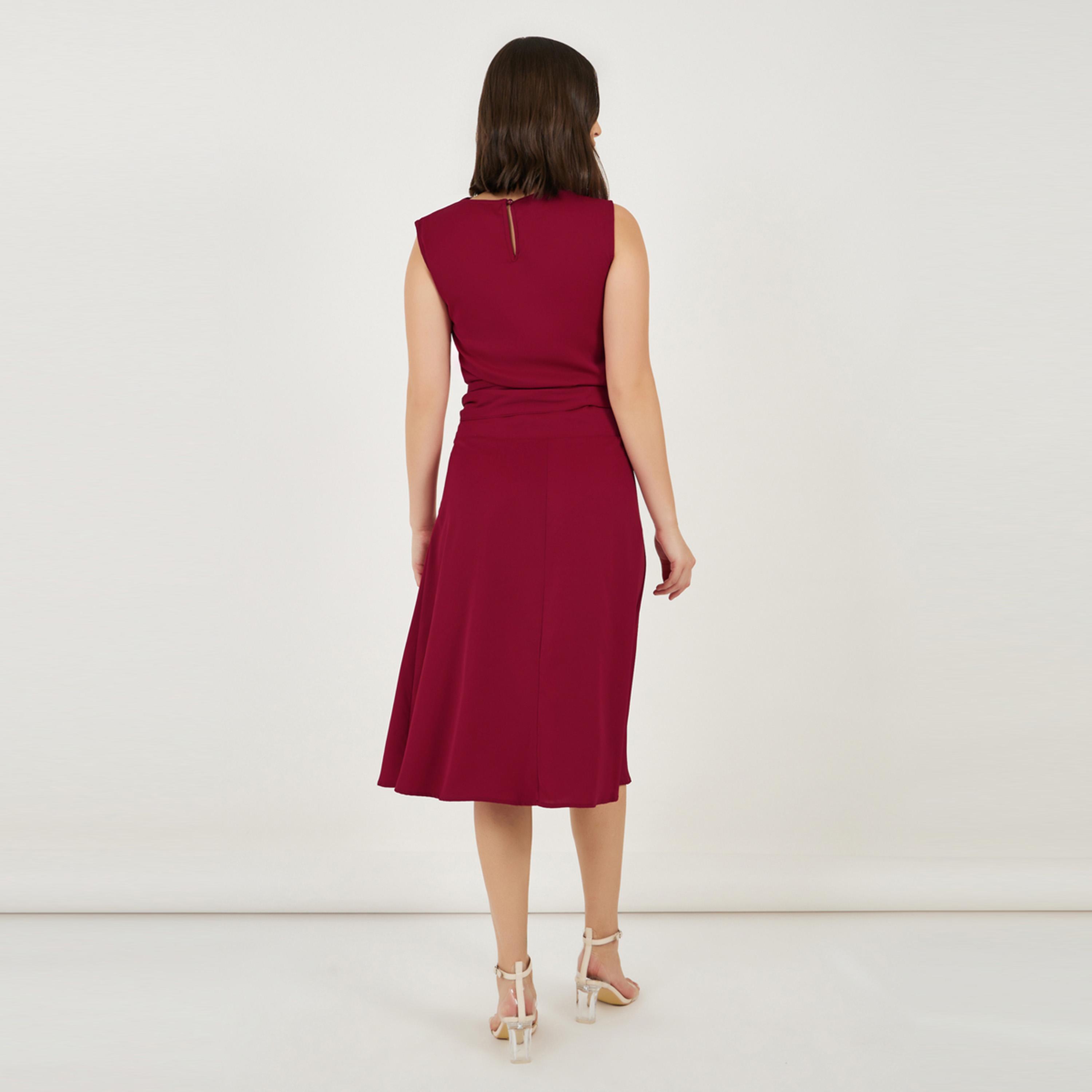 Styli Solid Sleeveless A-Line Midi Dress with Tie Belt-women-clothing-dresses-image-5