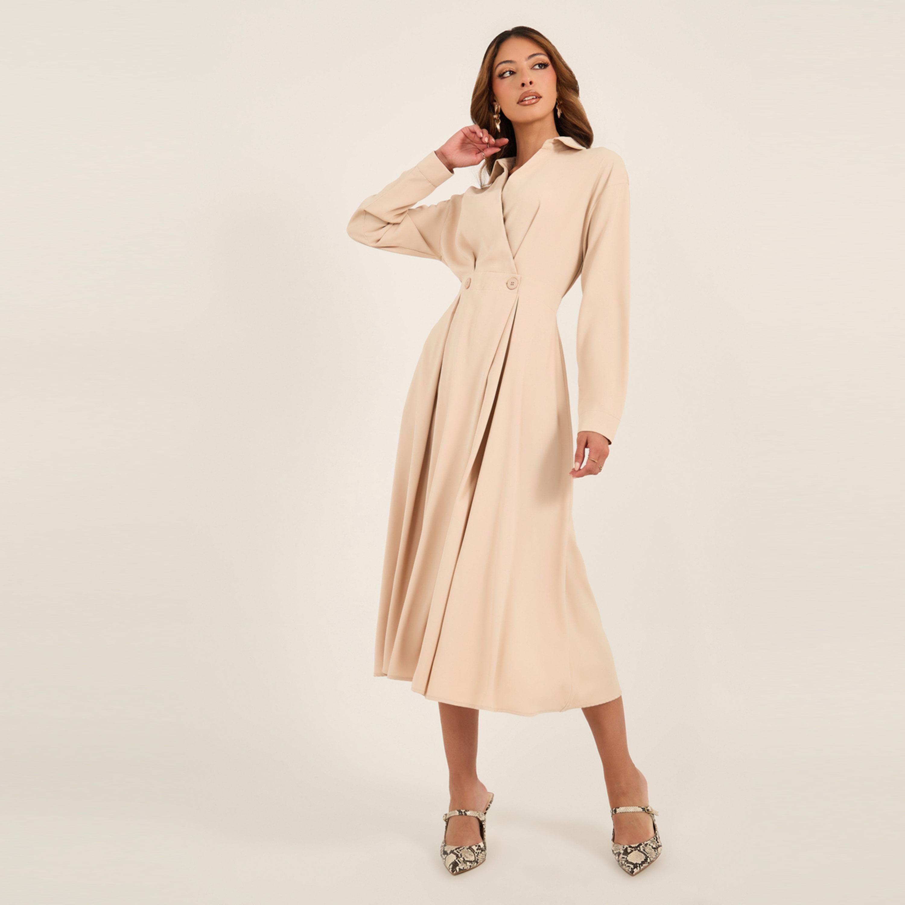 Styli Solid Pleated Wrap Shirt Midi Dress with Buttons Detail-women-clothing-dresses-image-1
