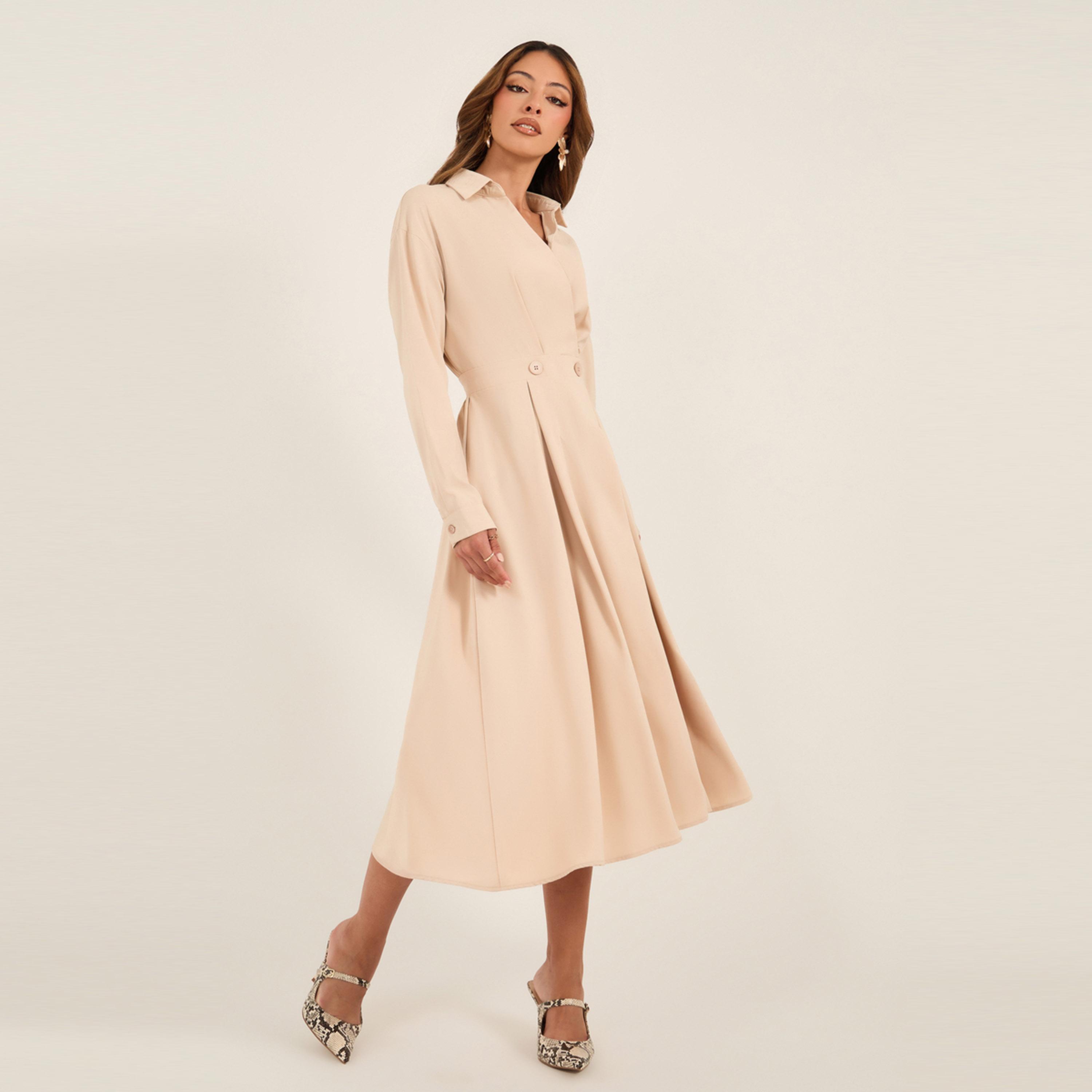 Styli Solid Pleated Wrap Shirt Midi Dress with Buttons Detail-women-clothing-dresses-image-2