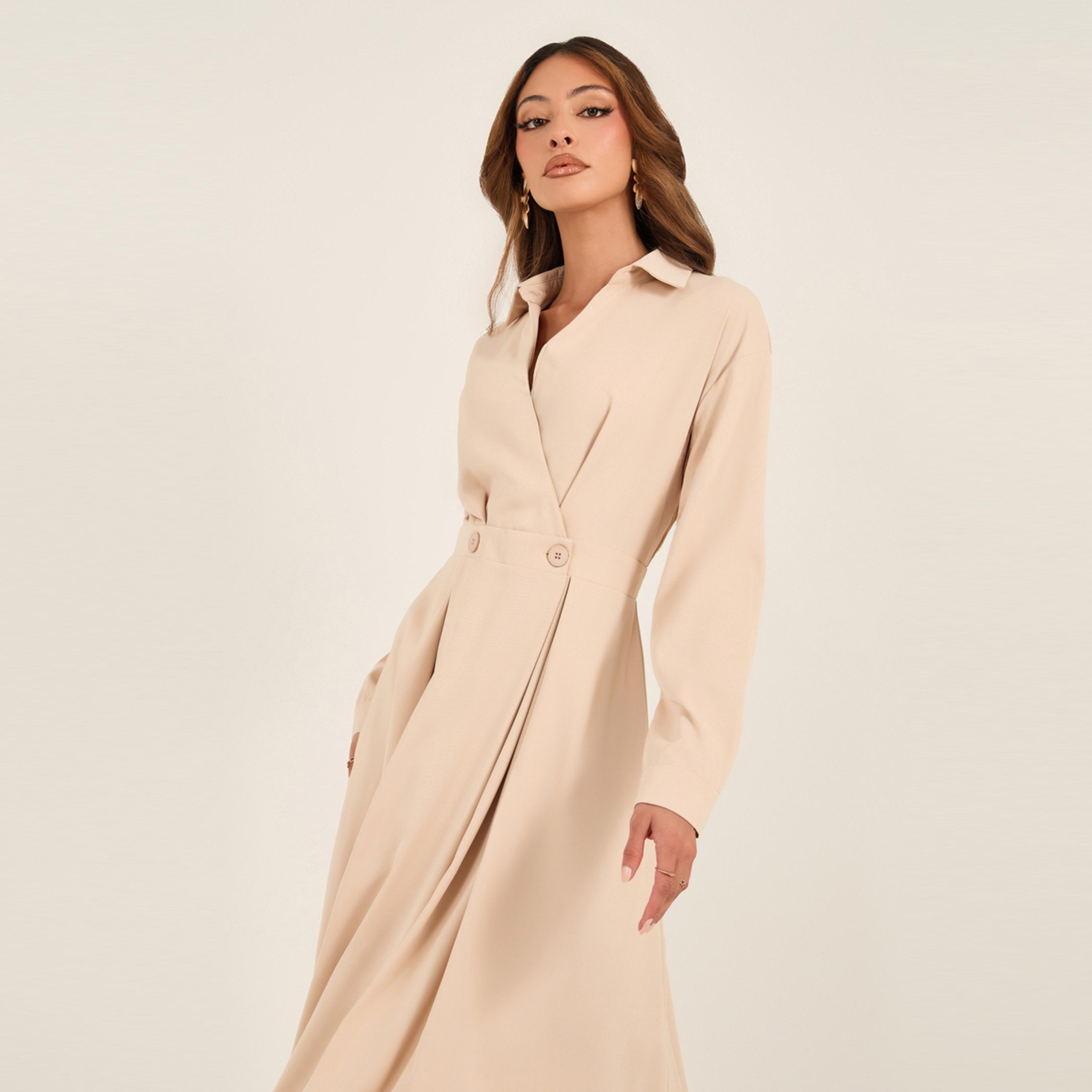 Styli Solid Pleated Wrap Shirt Midi Dress with Buttons Detail-women-clothing-dresses-image-3