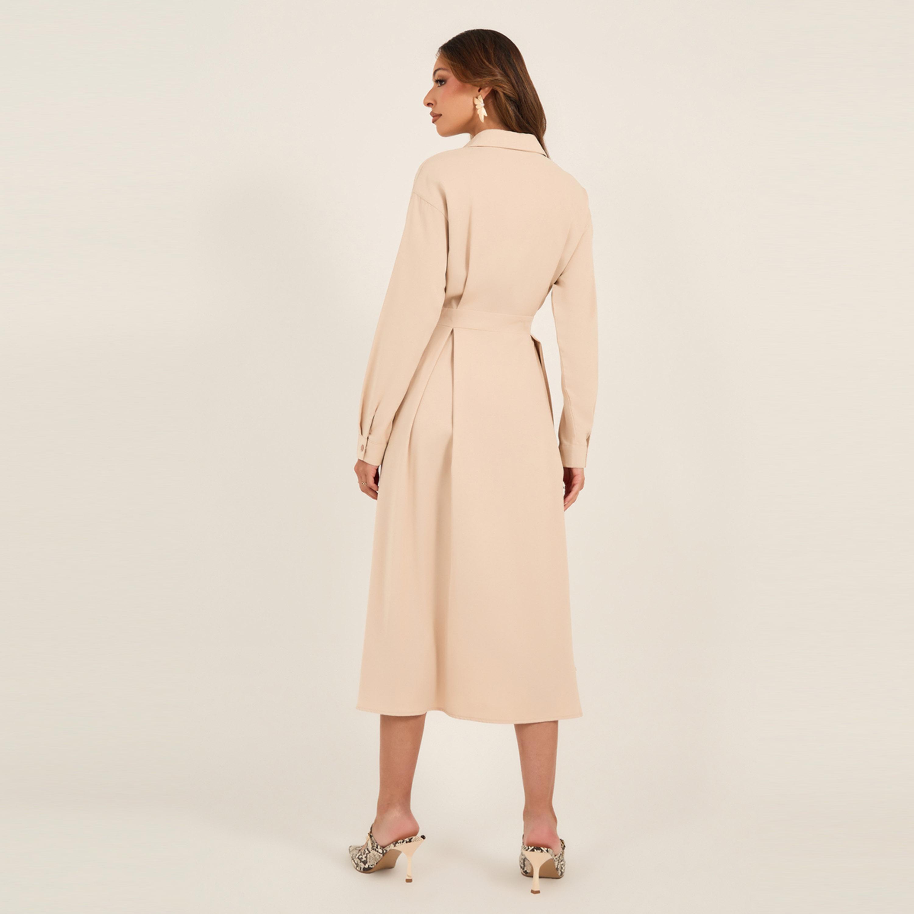 Styli Solid Pleated Wrap Shirt Midi Dress with Buttons Detail-women-clothing-dresses-image-6