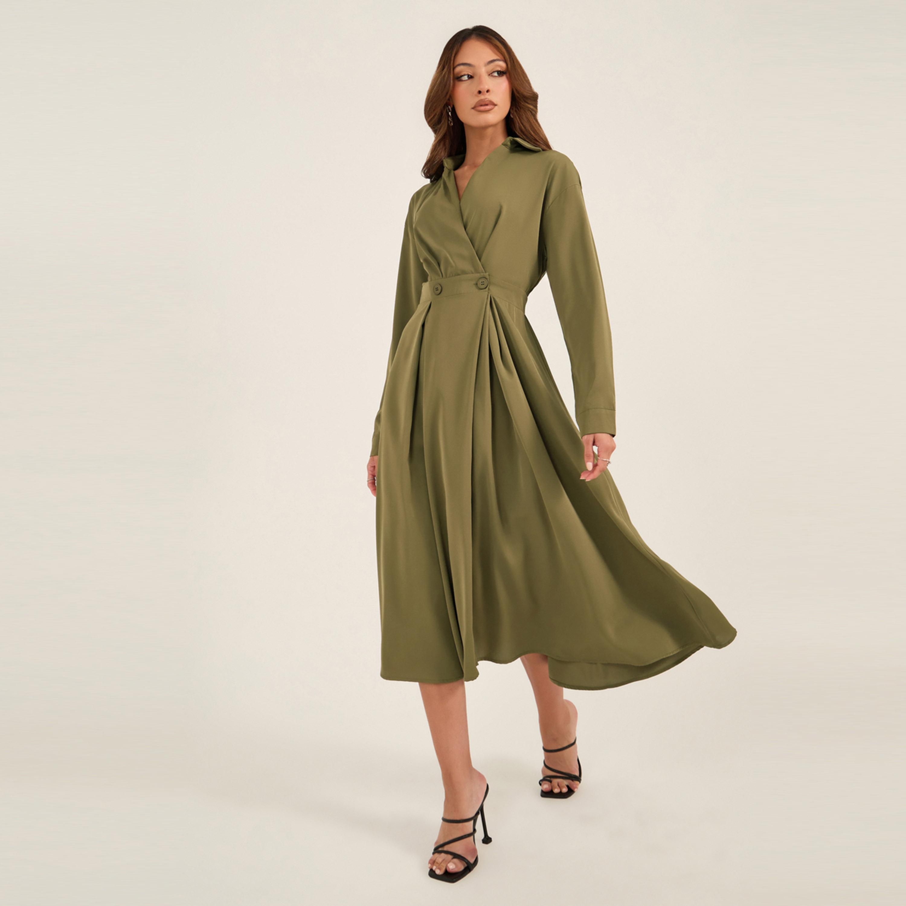 Styli Solid Pleated Wrap Shirt Midi Dress with Buttons Detail-women-clothing-dresses-image-1
