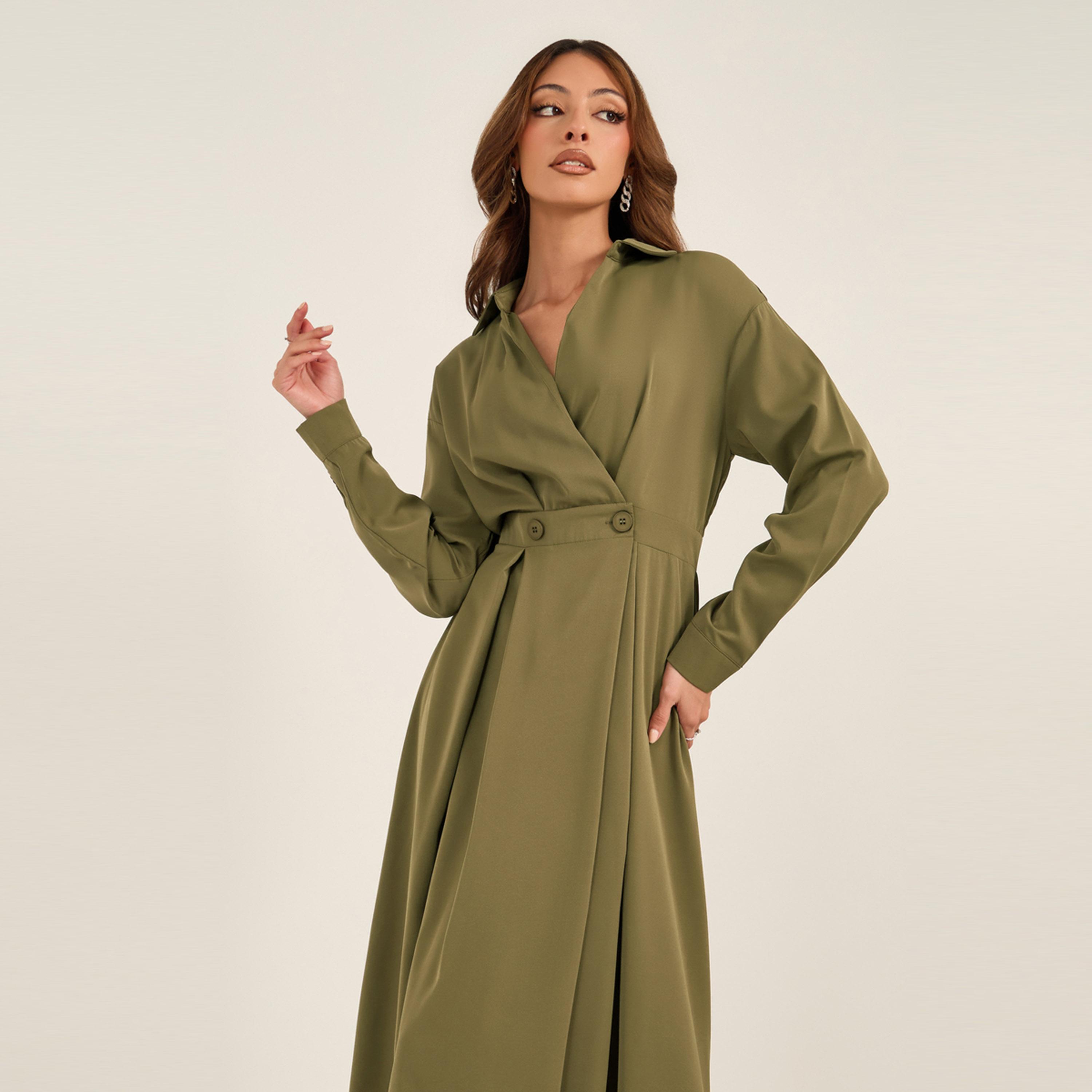 Styli Solid Pleated Wrap Shirt Midi Dress with Buttons Detail-women-clothing-dresses-image-3