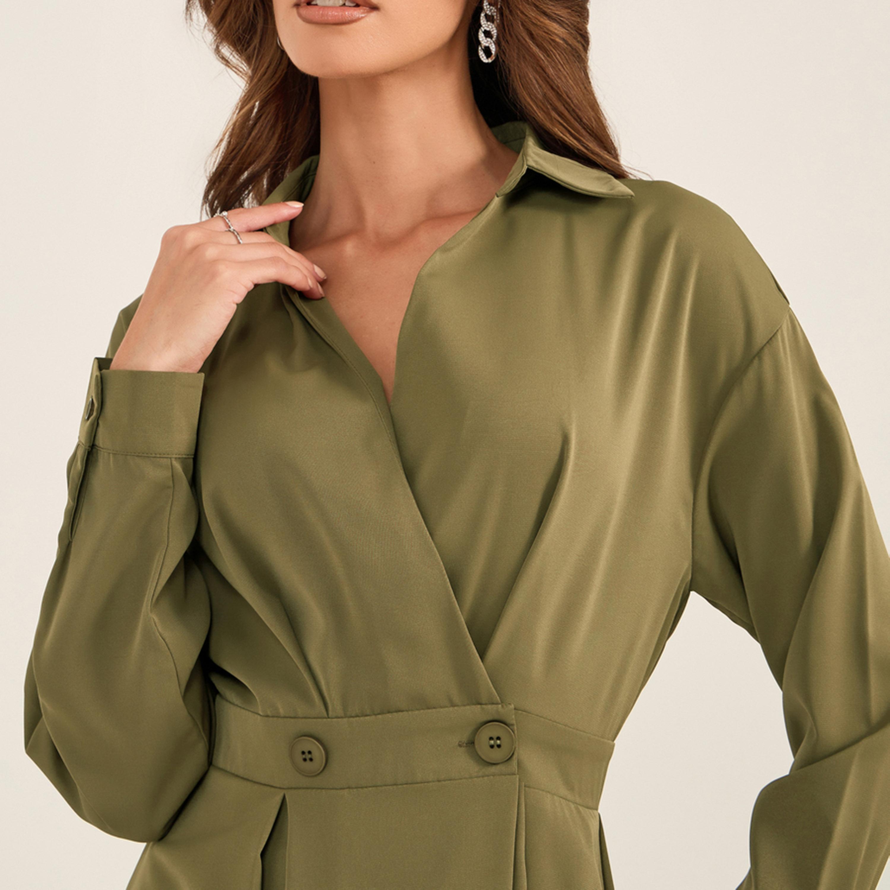 Styli Solid Pleated Wrap Shirt Midi Dress with Buttons Detail-women-clothing-dresses-image-4