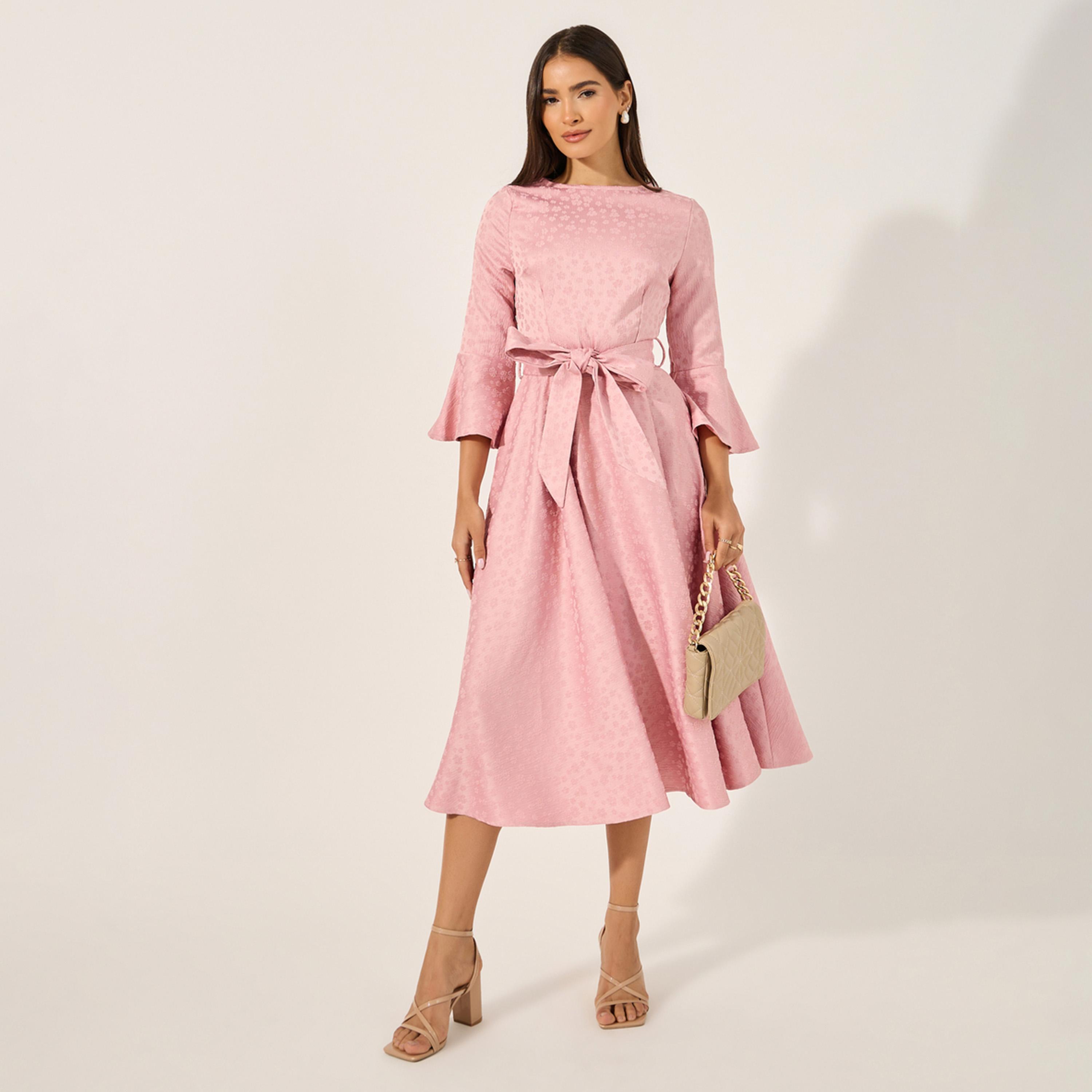 Styli Self Design 3/4Th Sleeves A-Line Midi Dress-women-clothing-dresses-image-1