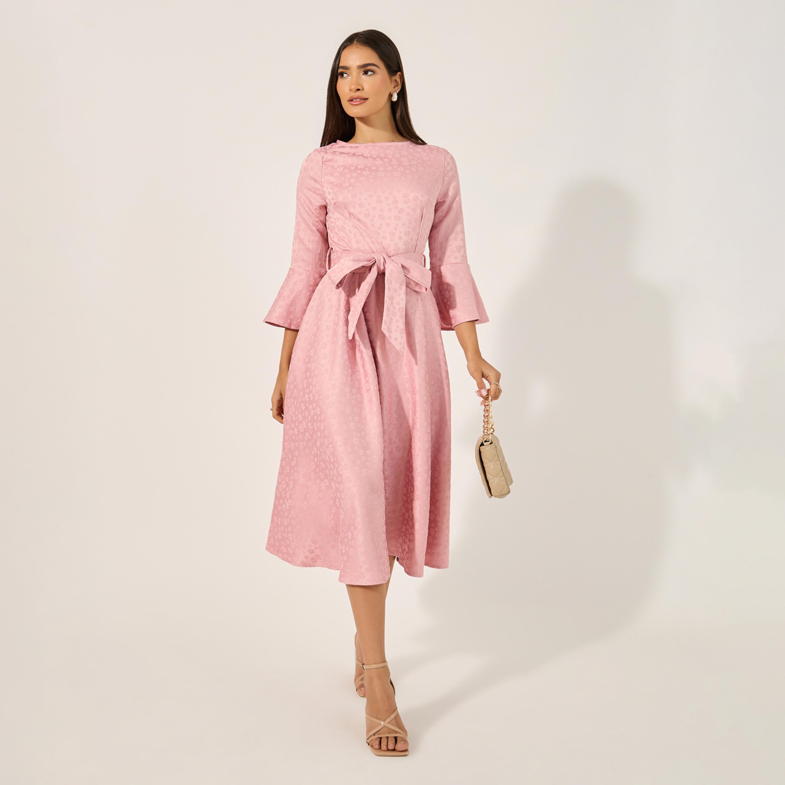 Styli Self Design 3/4Th Sleeves A-Line Midi Dress-women-clothing-dresses-image-2