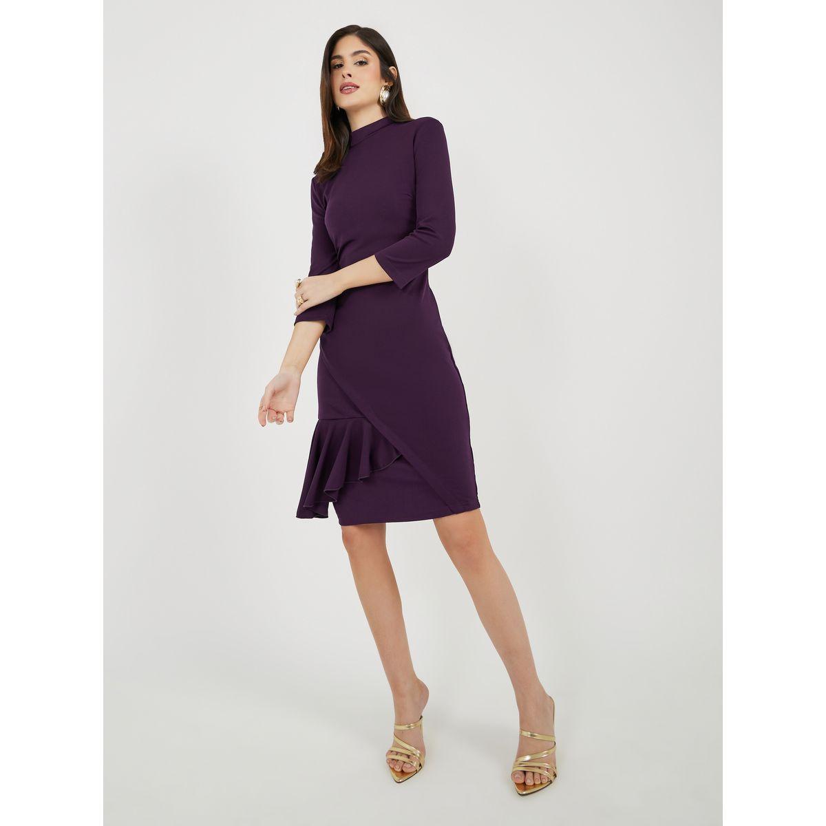 Styli Ruffle Detail Sheath Knee-Length Dress with 3/4th Sleeves-women-clothing-dresses-image-2