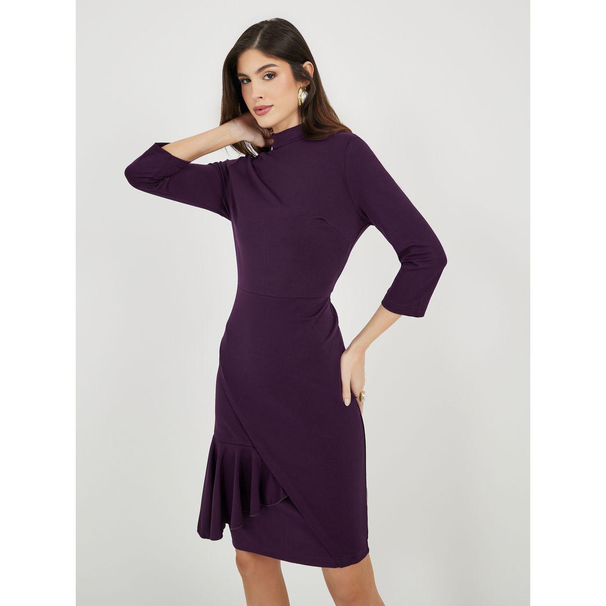 Styli Ruffle Detail Sheath Knee-Length Dress with 3/4th Sleeves-women-clothing-dresses-image-3
