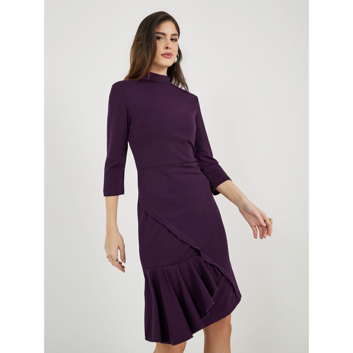 Styli Ruffle Detail Sheath Knee-Length Dress with 3/4th Sleeves-women-clothing-dresses-image-4
