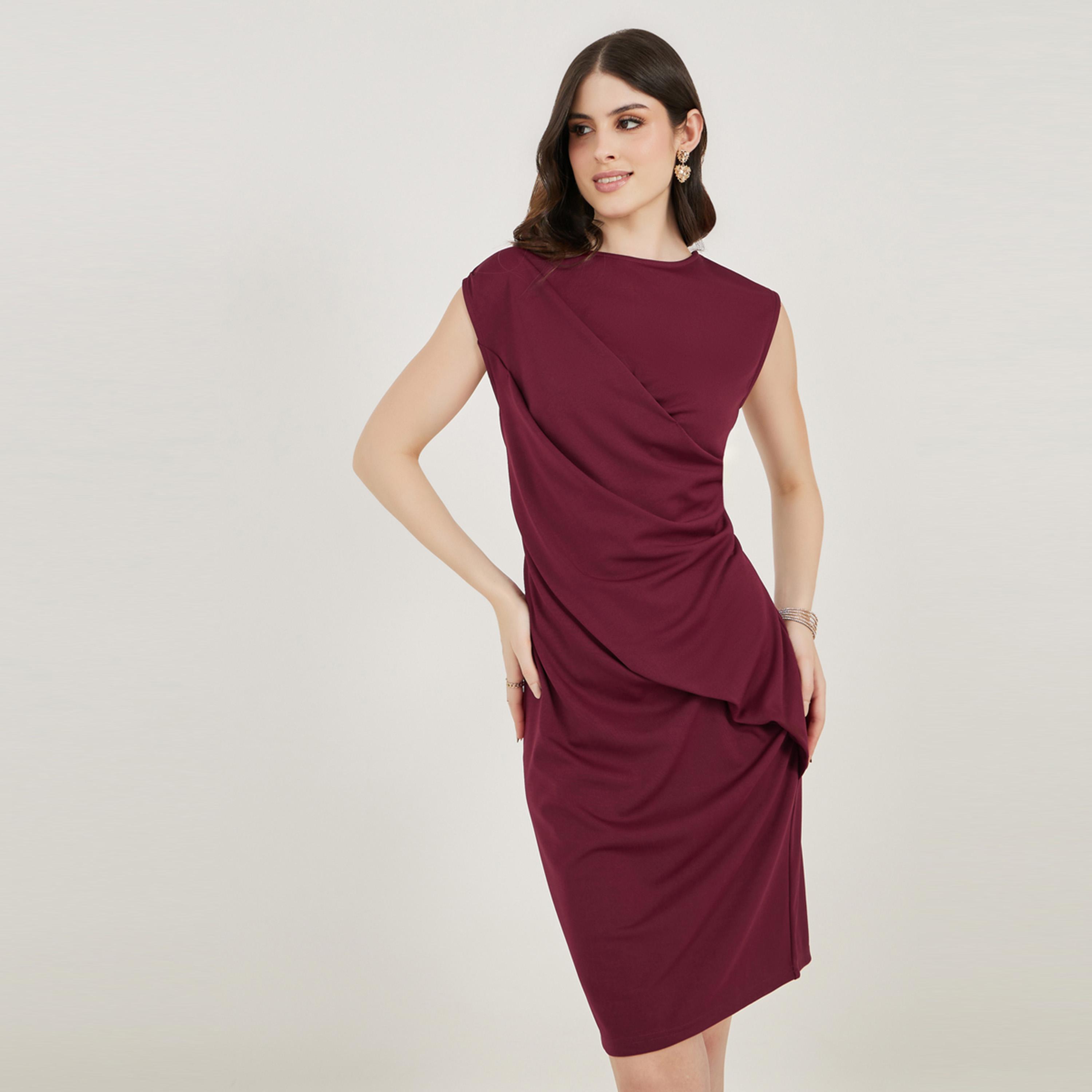 Styli Fold Pleat Sleeveless Sheath Knee Length Dress-women-clothing-dresses-image-1