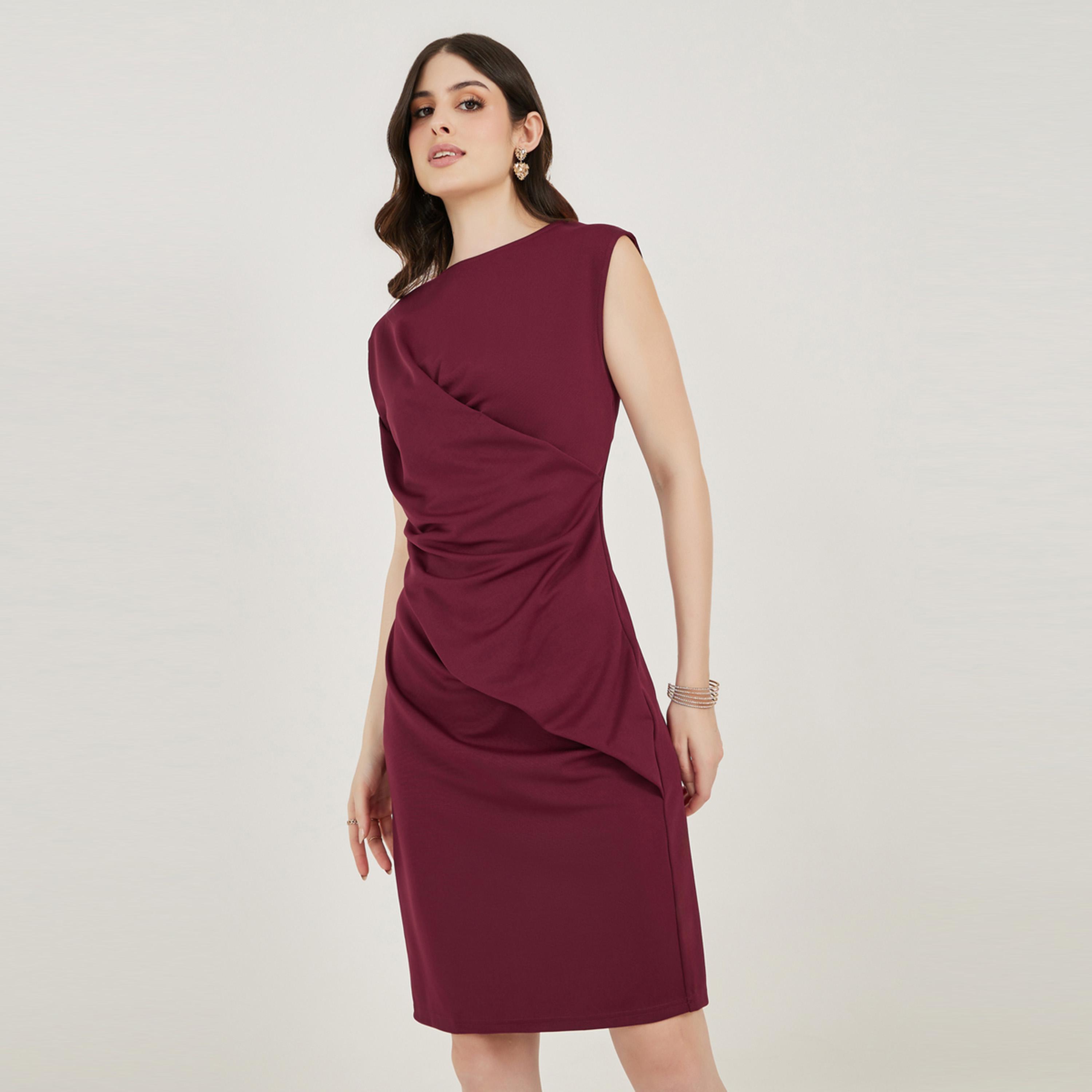 Styli Fold Pleat Sleeveless Sheath Knee Length Dress-women-clothing-dresses-image-5