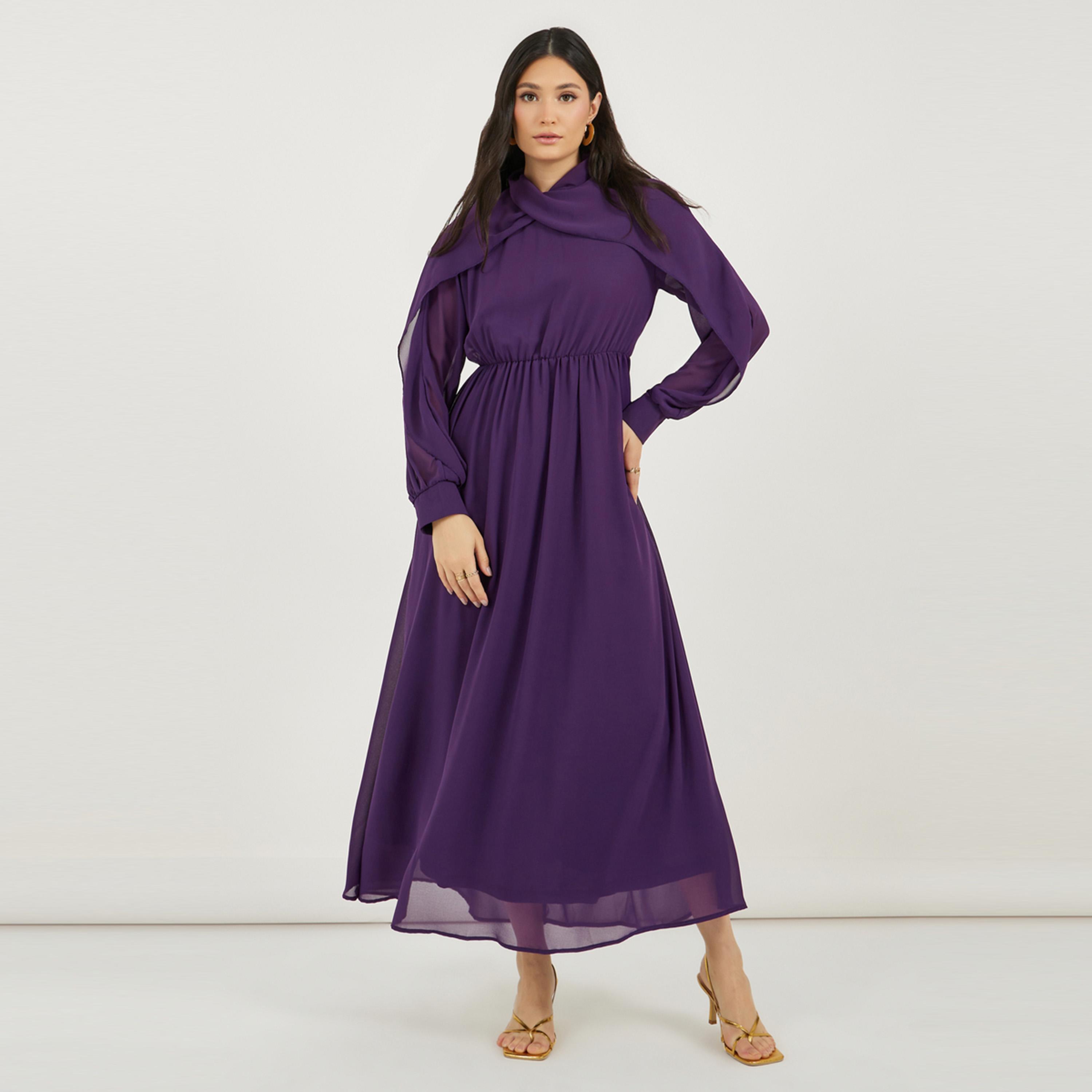 ستايلي - فستان ماكسي بقصة A وتفاصيل منسدلة ورقبة عالية-women-clothing-dresses-image-1