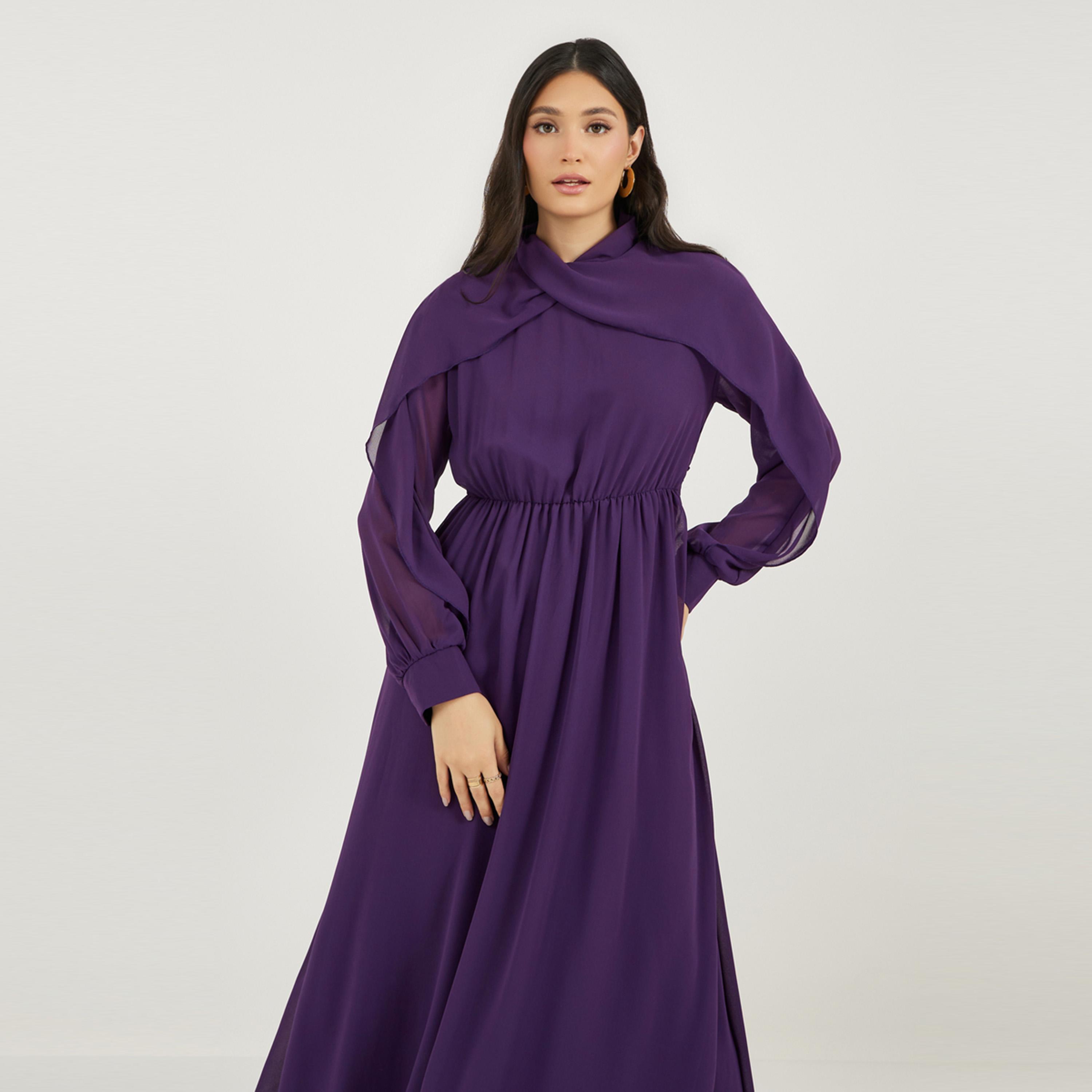ستايلي - فستان ماكسي بقصة A وتفاصيل منسدلة ورقبة عالية-women-clothing-dresses-image-2