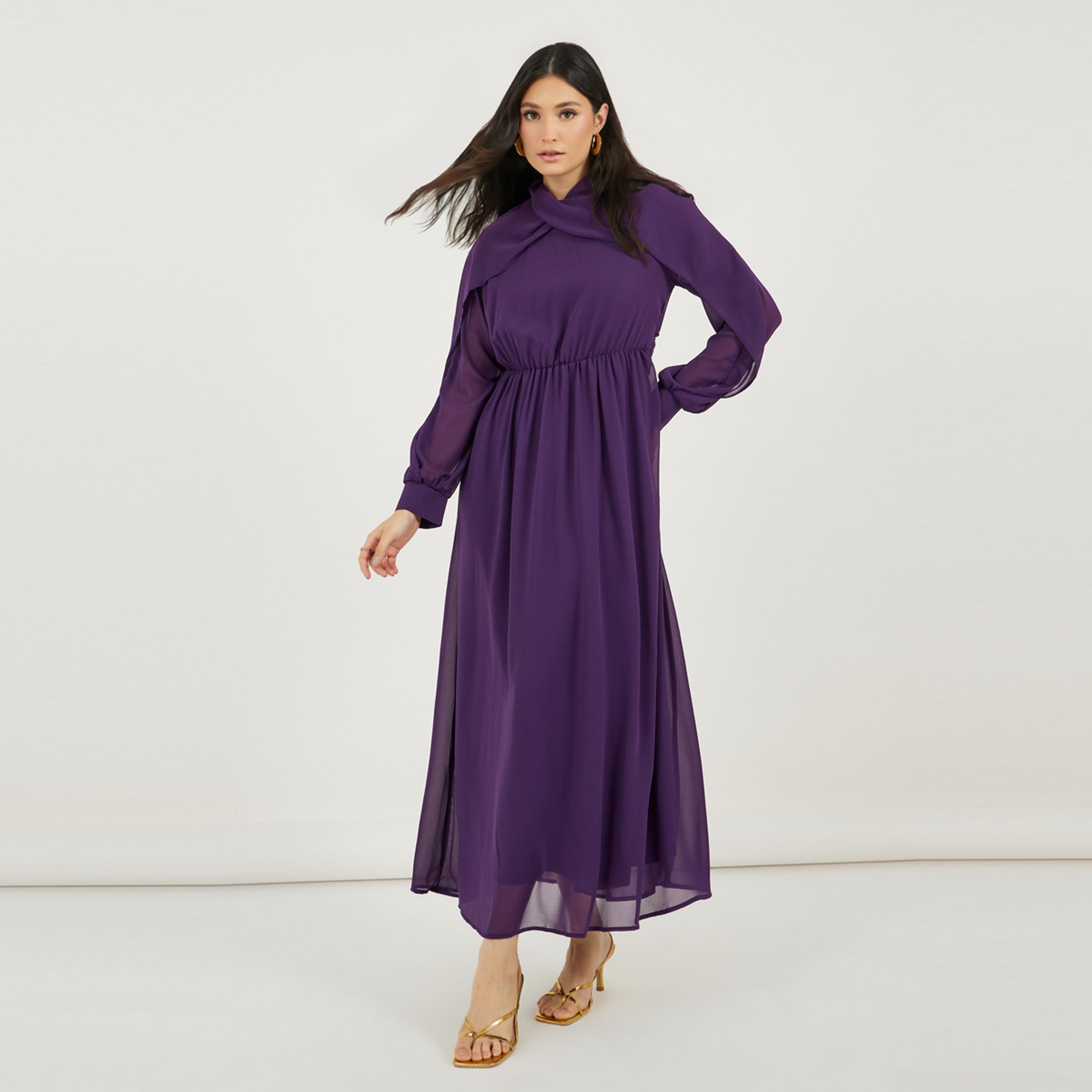 ستايلي - فستان ماكسي بقصة A وتفاصيل منسدلة ورقبة عالية-women-clothing-dresses-image-4