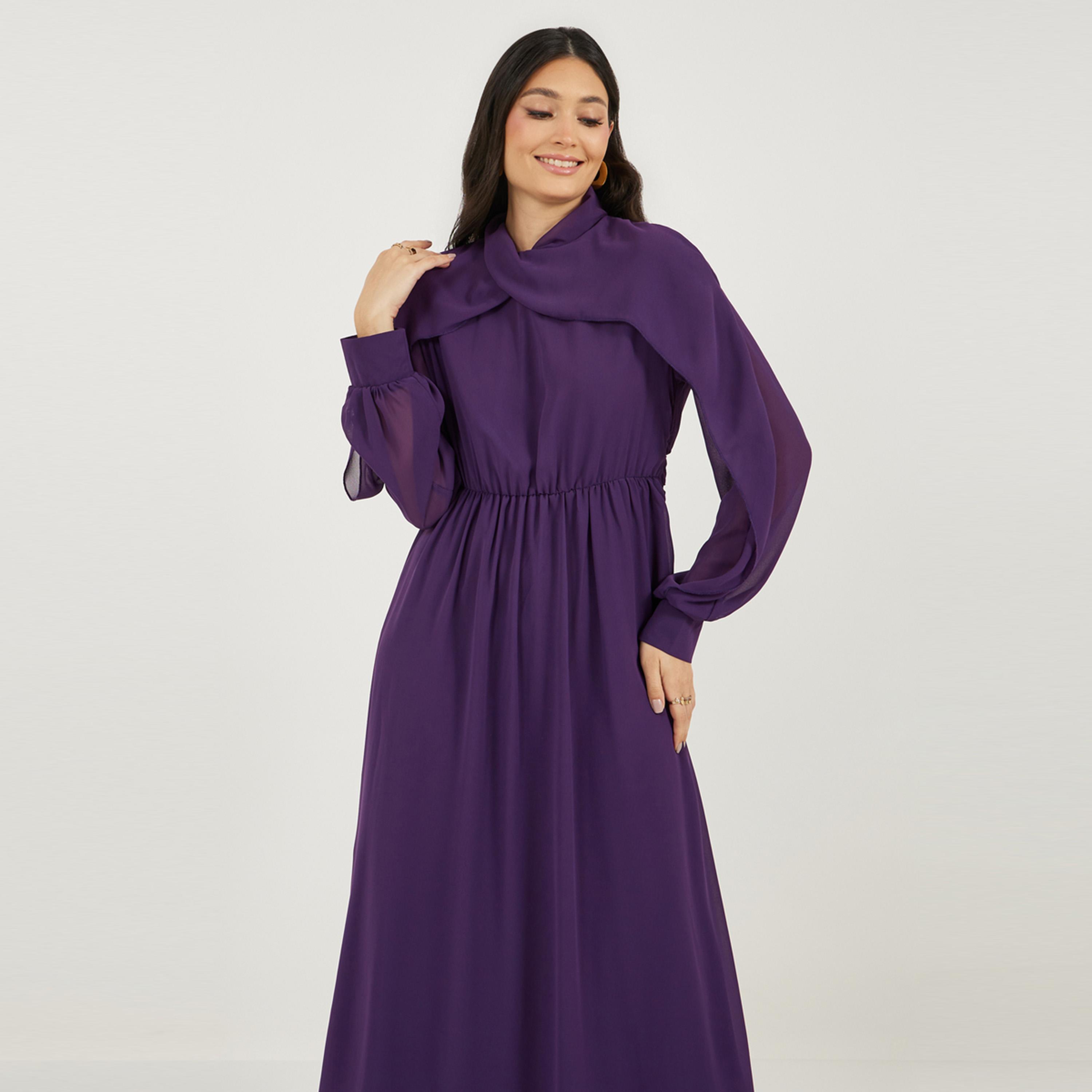 ستايلي - فستان ماكسي بقصة A وتفاصيل منسدلة ورقبة عالية-women-clothing-dresses-image-5