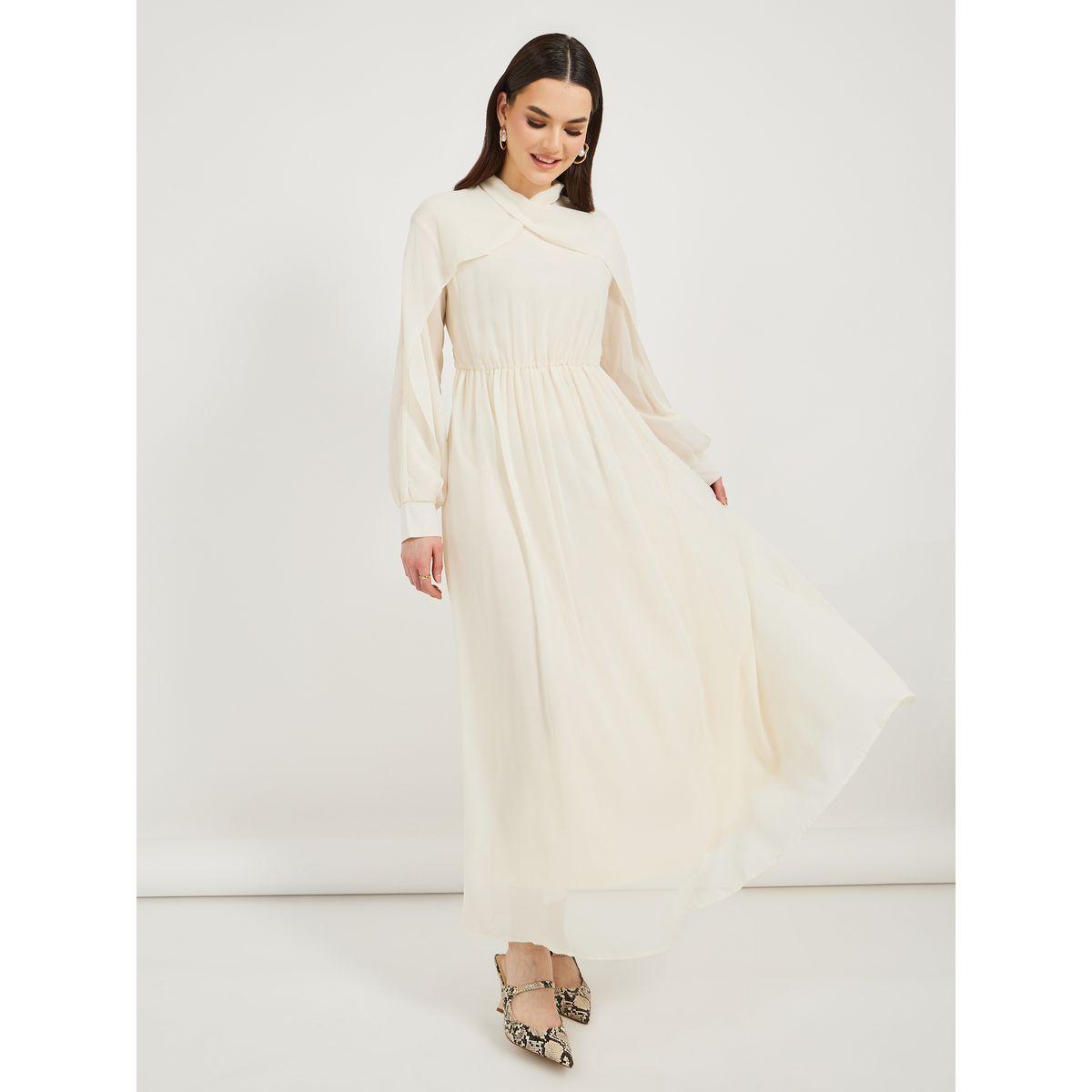 Styli Solid Ruched Waist Detail A-Line Maxi Dress-women-clothing-dresses-image-1