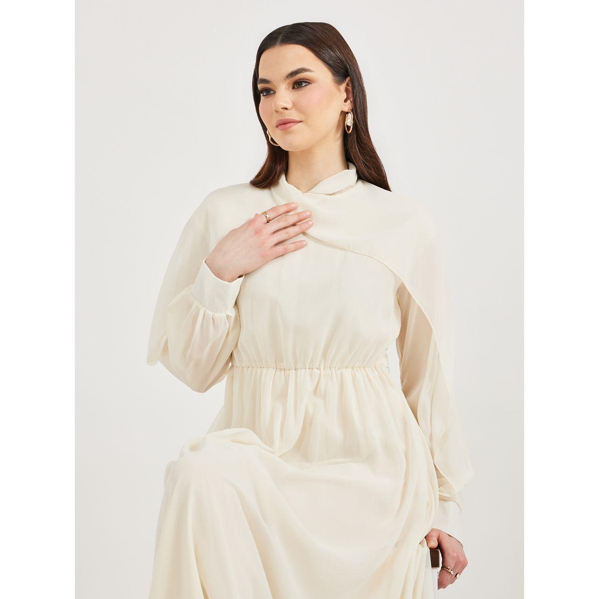 Styli Solid Ruched Waist Detail A-Line Maxi Dress-women-clothing-dresses-image-3