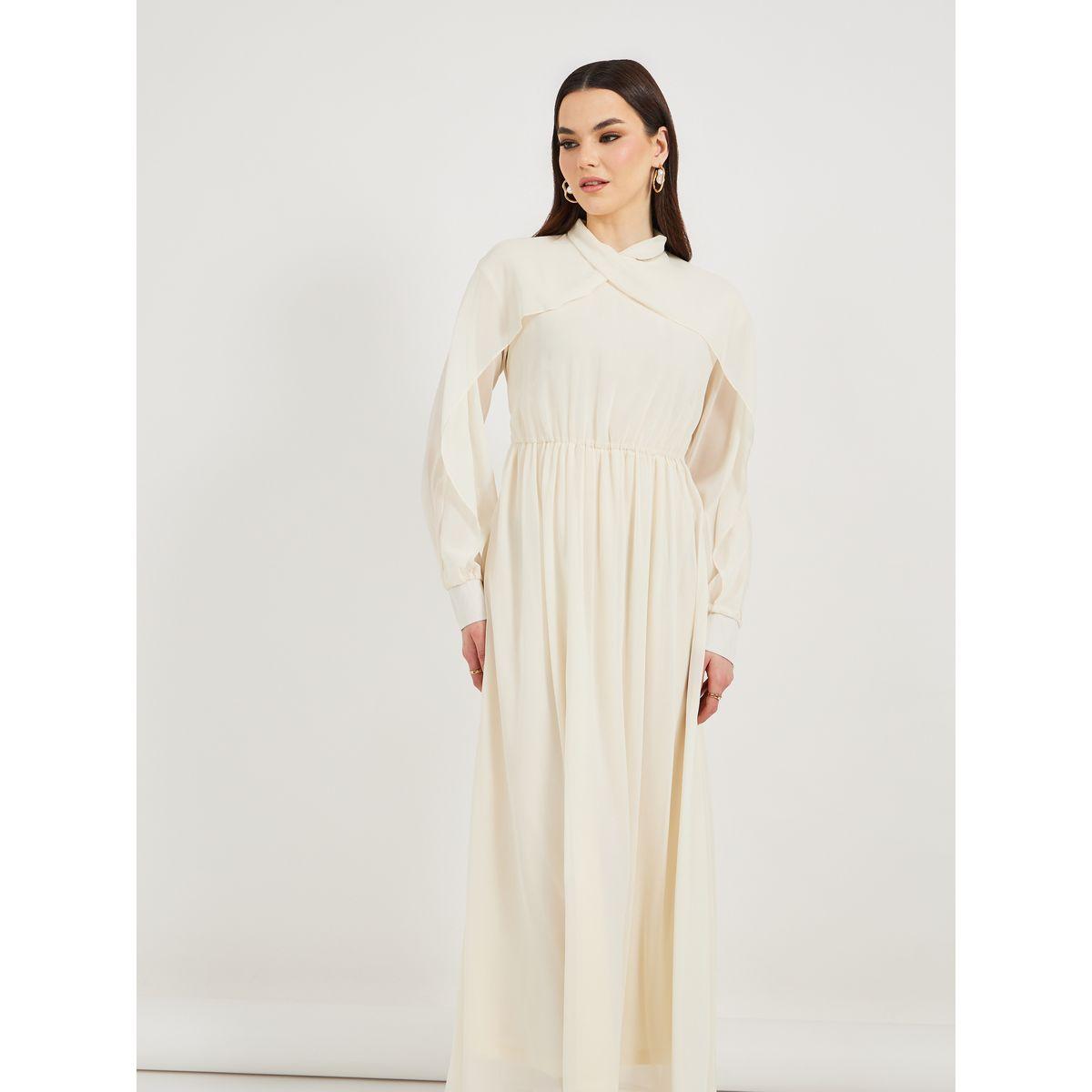 Styli Solid Ruched Waist Detail A-Line Maxi Dress-women-clothing-dresses-image-4
