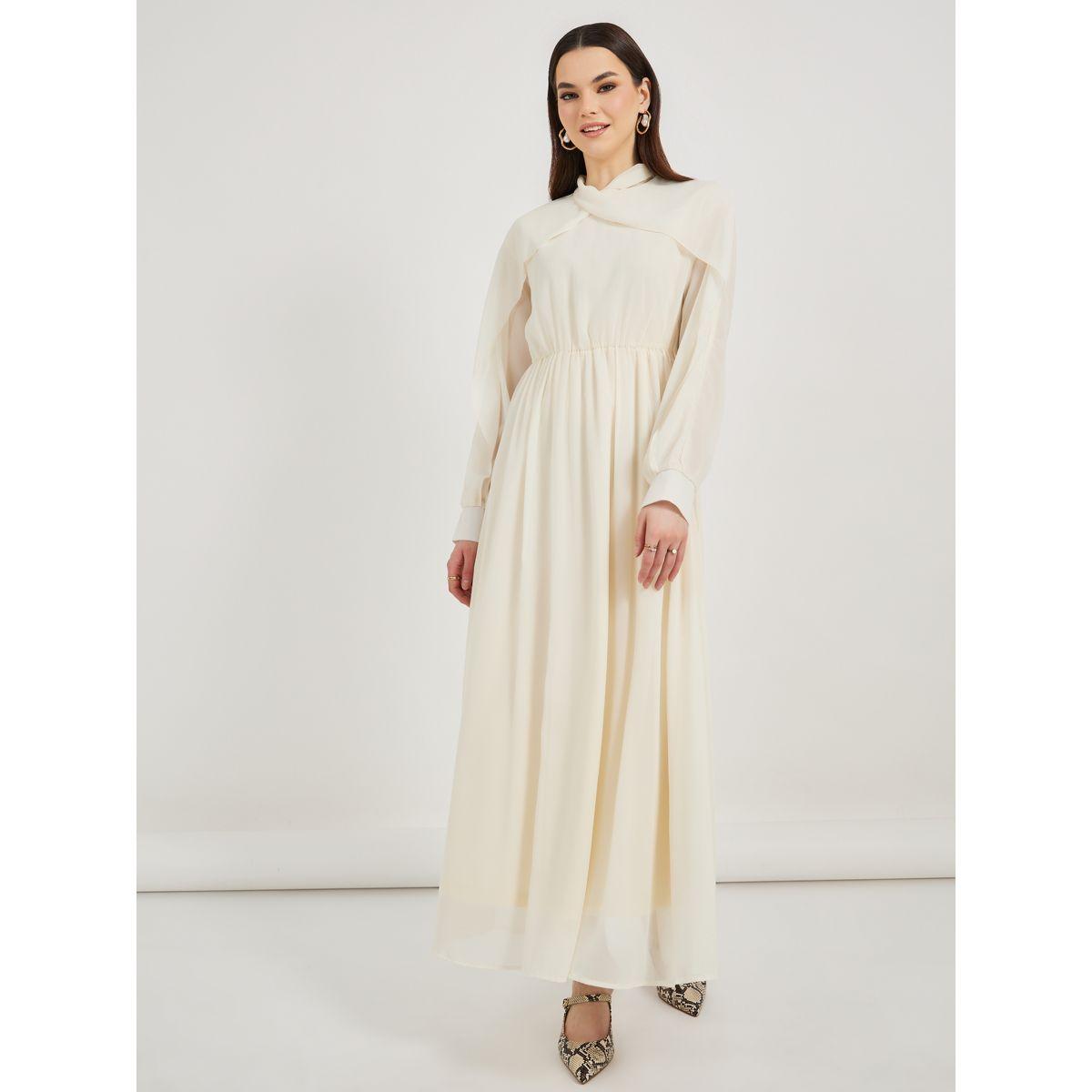 Styli Solid Ruched Waist Detail A-Line Maxi Dress-women-clothing-dresses-image-5