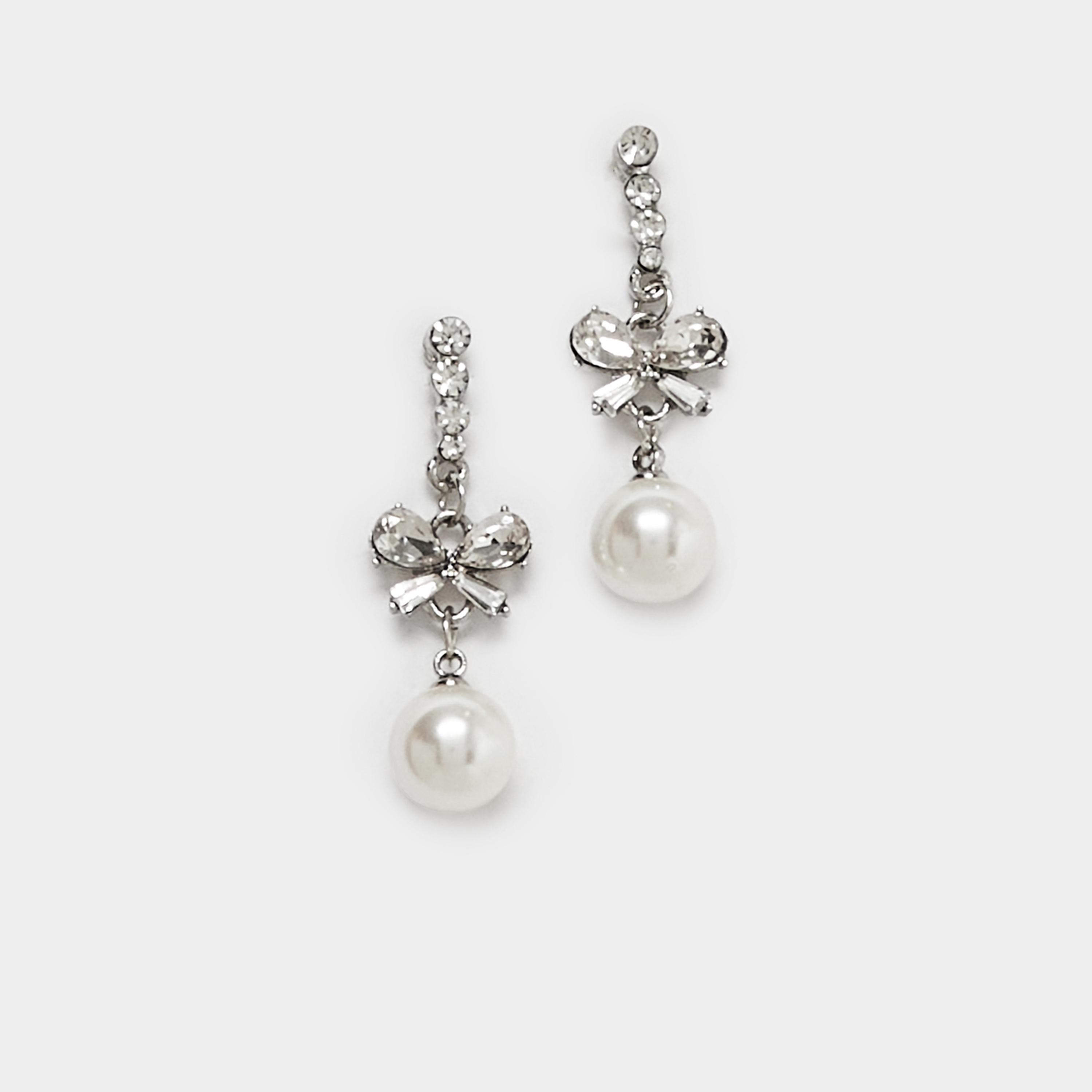 Styli Ribbon Faux Pearl Drop Earrings-women-watchesandjewellery-jewellery-earrings-image-1