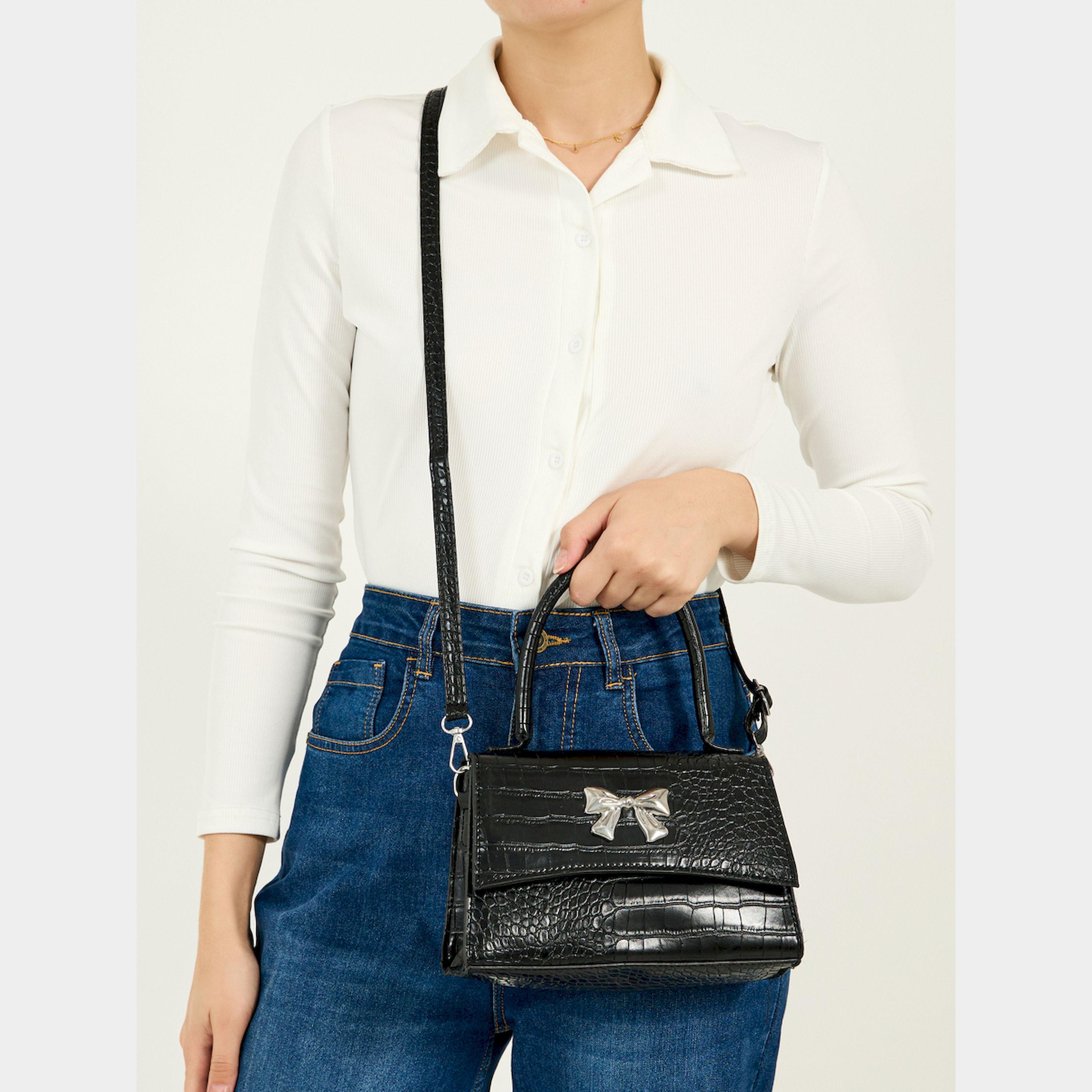 Styli Ribbon Accent Croc Textured Handbag With Top Handle-women-bagsandwallets-handbags-image-2